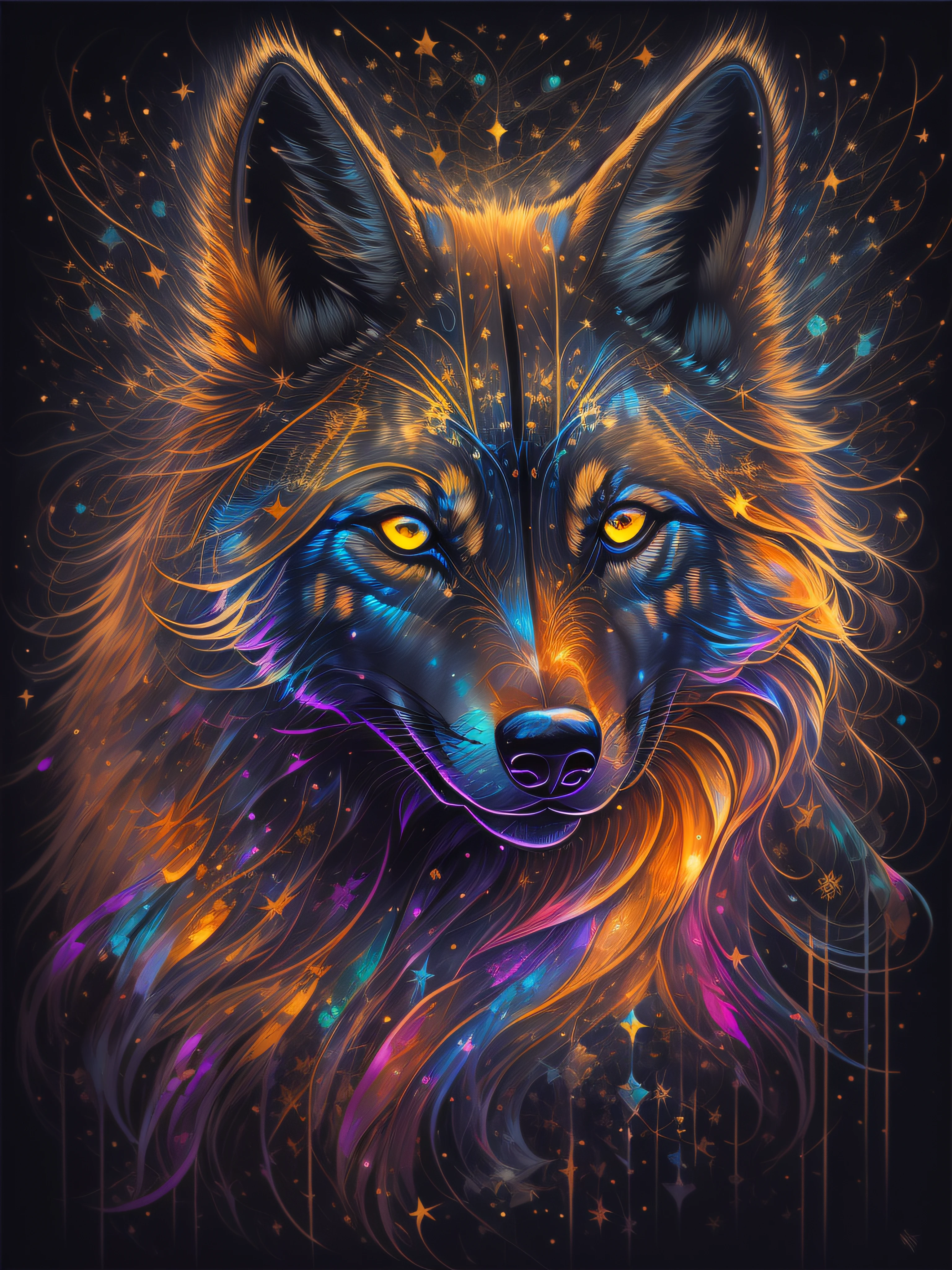 A painting of a colorful wolf on a black background,, breathtaking rendering, dans une connexion rayonnante, inspired by Kinuko Y. Trade,, Magical elements, Kitten icon, pleurage, est magnifique, lancer un sort multicolore, Flash lumineux, Flash