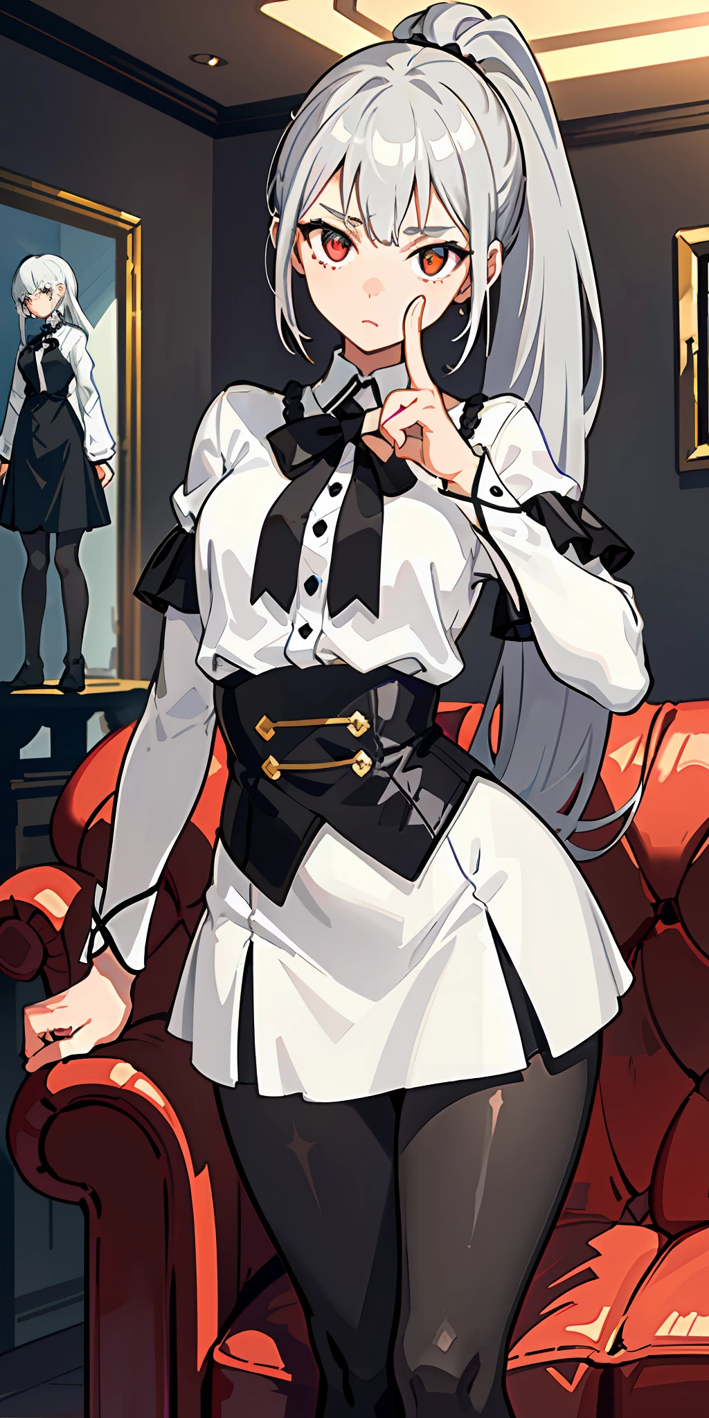 1 girl! Ray tracing, best shadows, highest resolution (dim lighting) detailed background (living room) fluffy silver hair, plump and slender girl, high ponytail in the ominous living room avoiding golden eyes (girl wearing white shirt, black wrinkled skirt, with black transparent pantyhose) showing a delicate slim figure and graceful curves, the position is correct and reasonable limbs! Put your hands behind your head, your fingers slender and slender! Dignified standing, facial details! The facial features are more delicate! Pay attention to the details of the position of the legs! Pay attention to hand details! Highest quality! More eligible! Reduce mistakes! The painting is more fine, ultra-detailed CG, and the picture is more reasonable! Add finger detail! Masterpiece, double eye details! Facial details optimized, limit the number of fingers! Finger optimization! Dynamic angles, intricate details: 1.2, clear focus, exquisite functionality! 8K wallpaper, top illustration, depth of field, delicate eyes, complete hands, no extra limbs