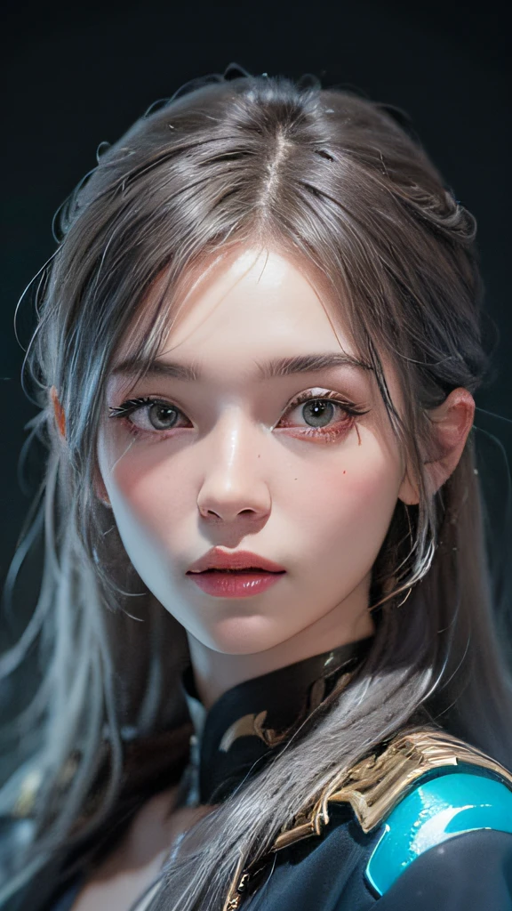 (Front Focus), (In the Dark: 1.6), Surrealistic Female Portraits by David Hockney and Alphonse Mucha, Fantasy Art, Photo Realism, Dynamic Lighting, ArtStation, Poster, Volumetric Lighting, Very Detailed Faces, 4 K, Pantyhose, Shorts, 1girl, In the Dark, Deep Shadow, Low Key, Cowboy Shot, (Official Uniform: 1.4), Long Hair, Gray Hair,