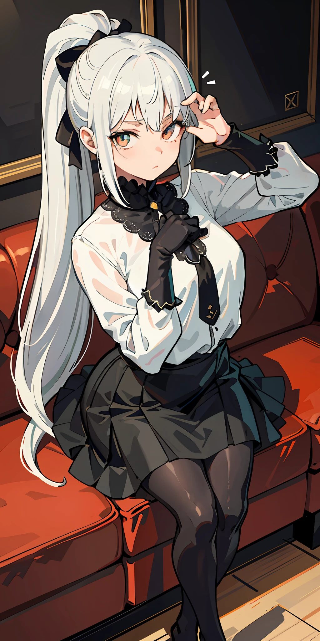 1 girl! Ray tracing, best shadows, highest resolution (dim lighting) detailed background (living room) fluffy silver hair, plump and slender girl, high ponytail in the ominous living room avoiding golden eyes (girl wearing white shirt, black wrinkled skirt, with black transparent pantyhose) showing a delicate slim figure and graceful curves, the position is correct and reasonable limbs! Put your hands behind your head, your fingers slender and slender! Dignified standing, facial details! The facial features are more delicate! Pay attention to the details of the position of the legs! Pay attention to hand details! Highest quality! More eligible! Reduce mistakes! The painting is more fine, ultra-detailed CG, and the picture is more reasonable! Add finger detail! Masterpiece, double eye details! Facial details optimized, limit the number of fingers! Finger optimization! Dynamic angles, intricate details: 1.2, clear focus, exquisite functionality! 8K wallpaper, top illustration, depth of field, delicate eyes, complete hands, no extra limbs