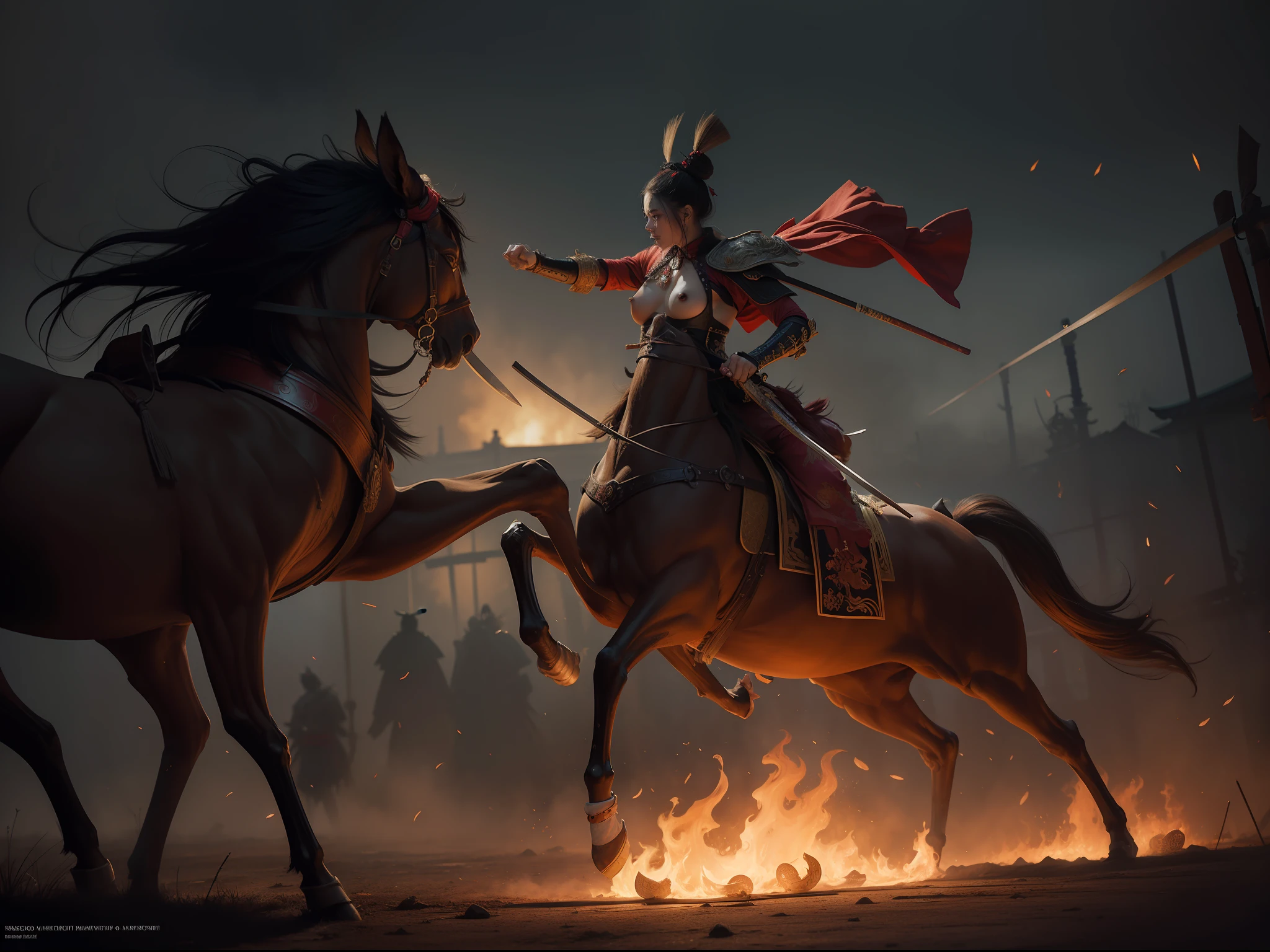 NSFW Samurai Clash at Haunted Circus., expresionismo, surrealismo, pintura renacentista, rococo style, fantasy art, arte conceptual, Pintura digital, hiperrealismo, Seb McKinnon