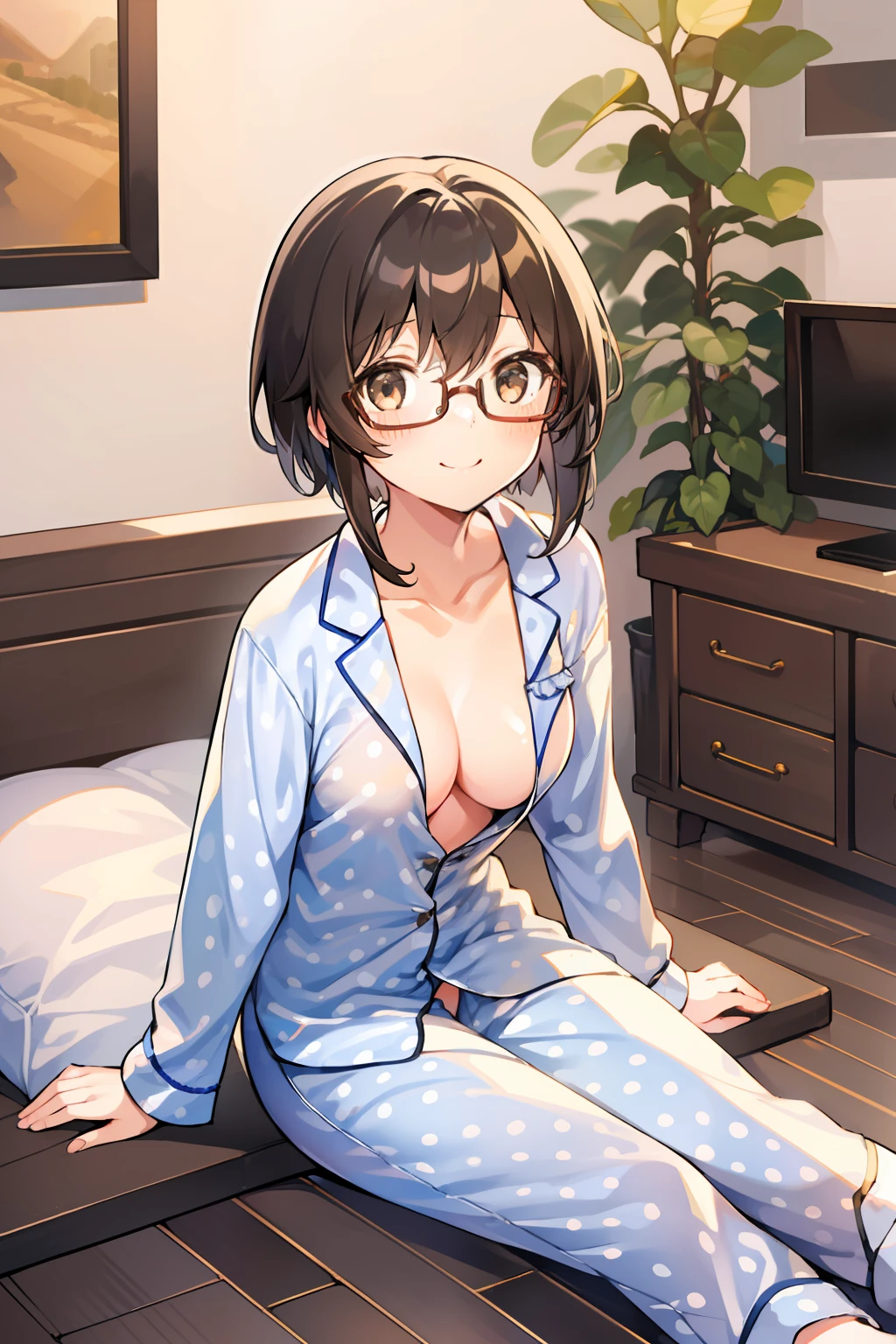 (girl with、Gamine、A dark-haired、short-hair、straight haired、hair adornments、Light brown eyes、A smile、wearing black glasses、small tits、cute  face)、​masterpiece、top-quality、Polka dot pajamas、Full body