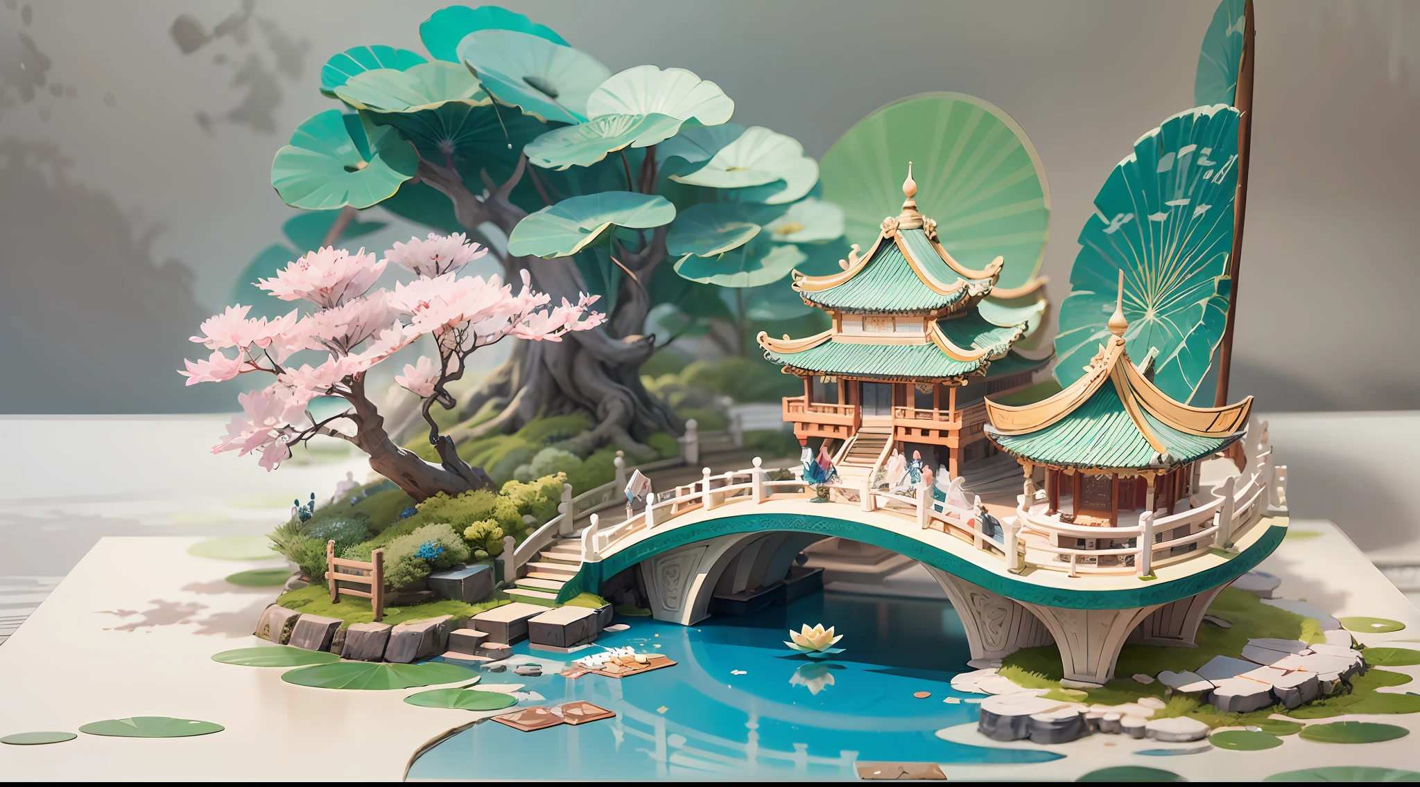 （popup book: 1.2），Antique game scene design，big trees，florals，Lotus architecture，Floating table，A blue sky，White cloud，Chinese ink painting OC rendering sculpture