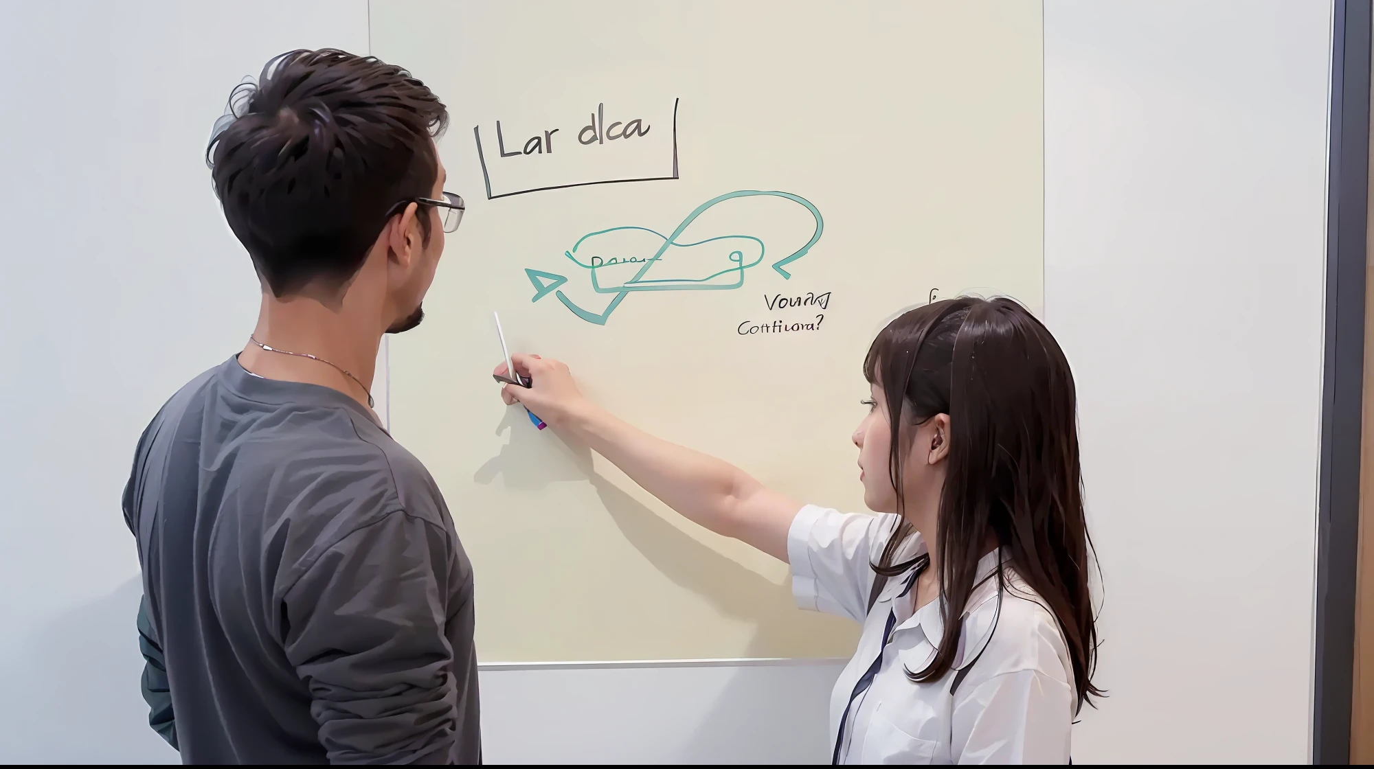 In front of the whiteboard stood a man and a woman, white board, mobile learning app prototype,