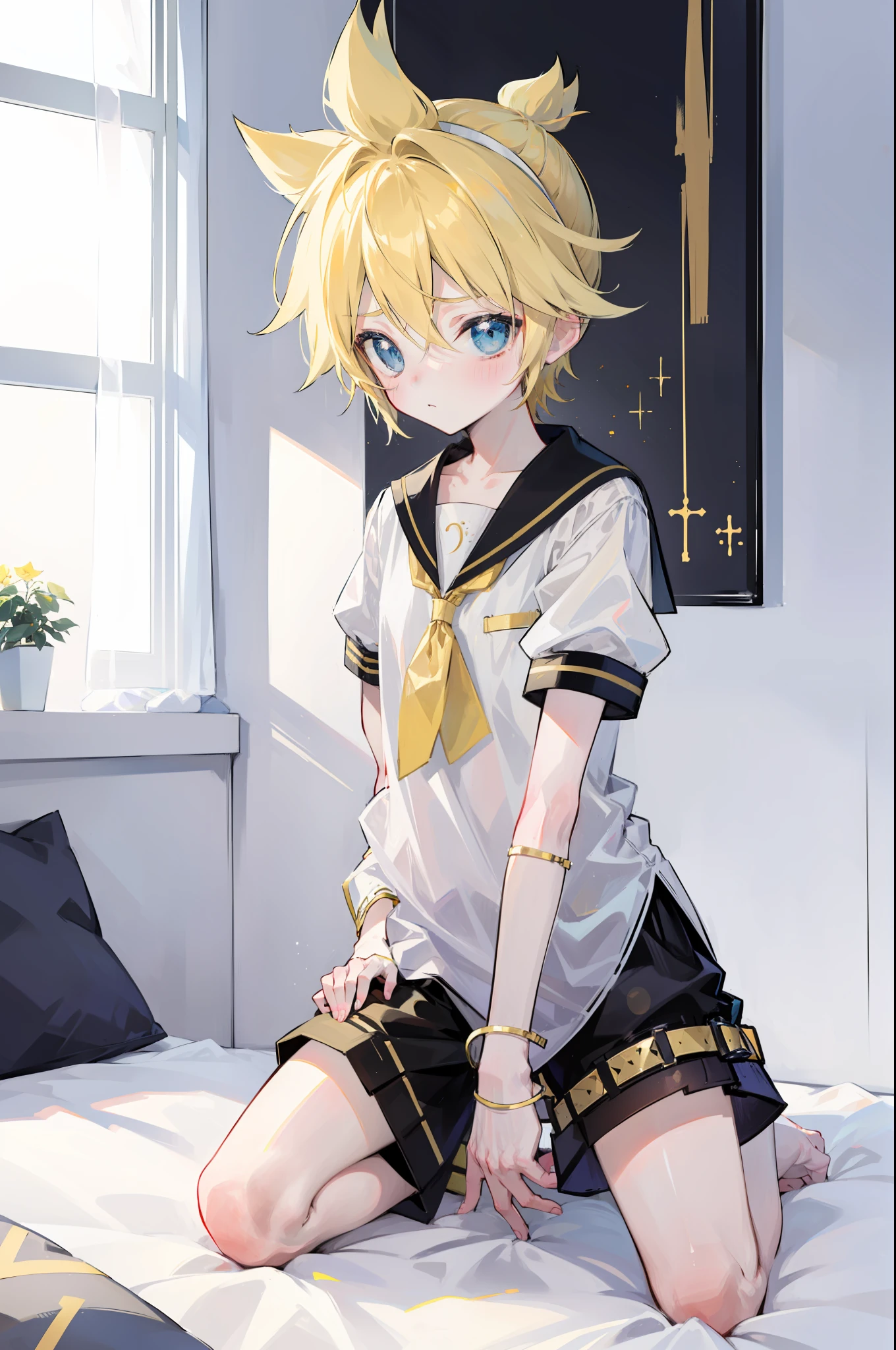 one boy, Len_Kagamine, pure, innocent, blush, sailor uniform, black short pants, on bed, (kneeling position), cowlick hair, cool, slender, handsome, character focus