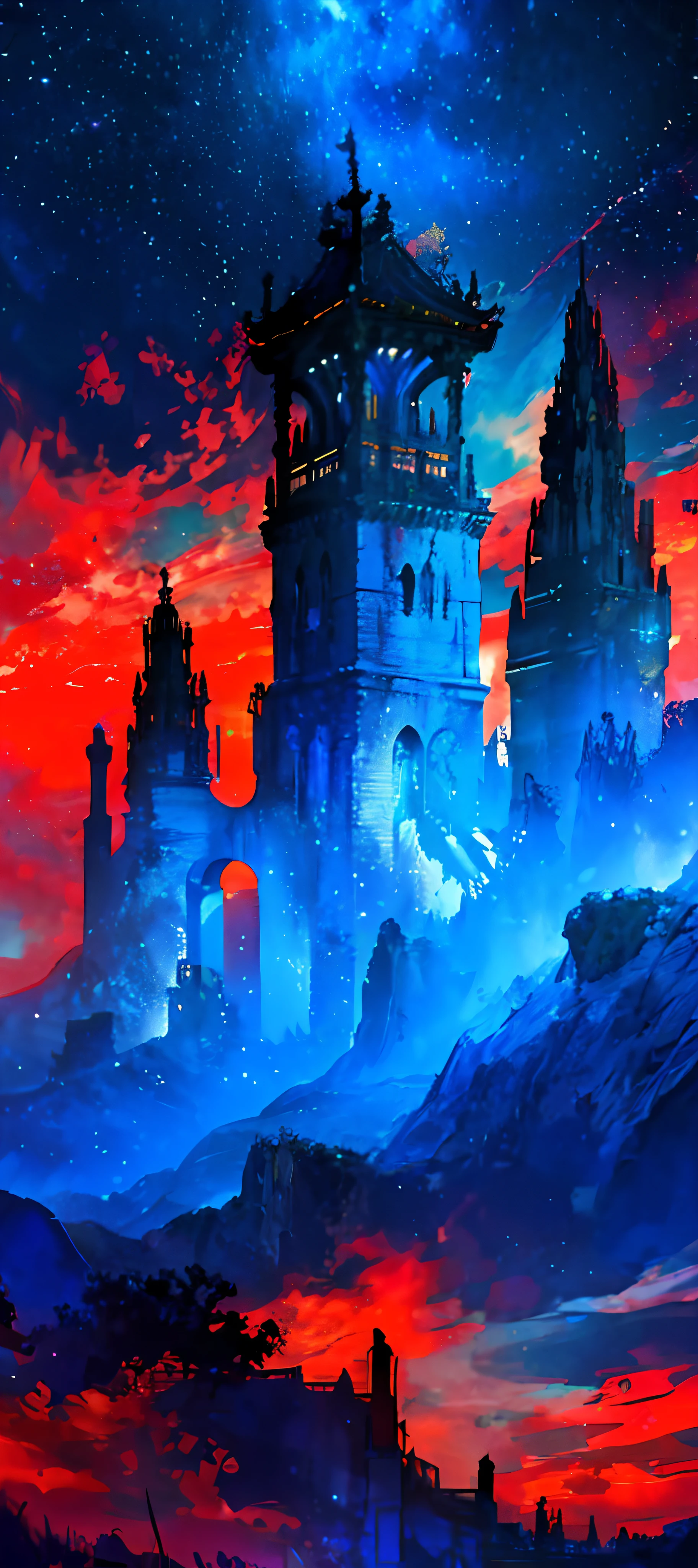 towers of god, blue towers, violet, blue, red, god, red sky, violet sky, starry sky, stars, starry towers, starry god, light blue, civilization, order