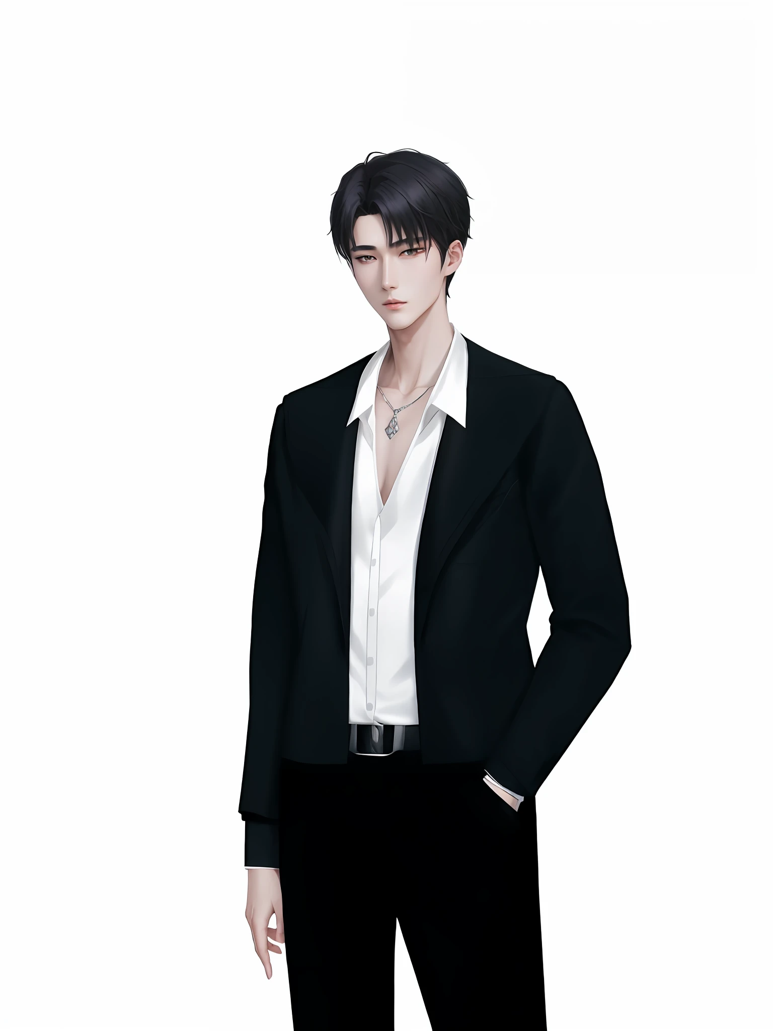 Anime man in a black suit and a white shirt with a tie, Delicate androgynous prince, Beautiful androgynous prince, Inspired by Bian Shoumin, Single character full body, wearing a black noble suit, Anime handsome man, Inspired by Zhang Han, attractive androgynous humanoid, digital art of an elegant, inspired by Kim Deuk-sin
