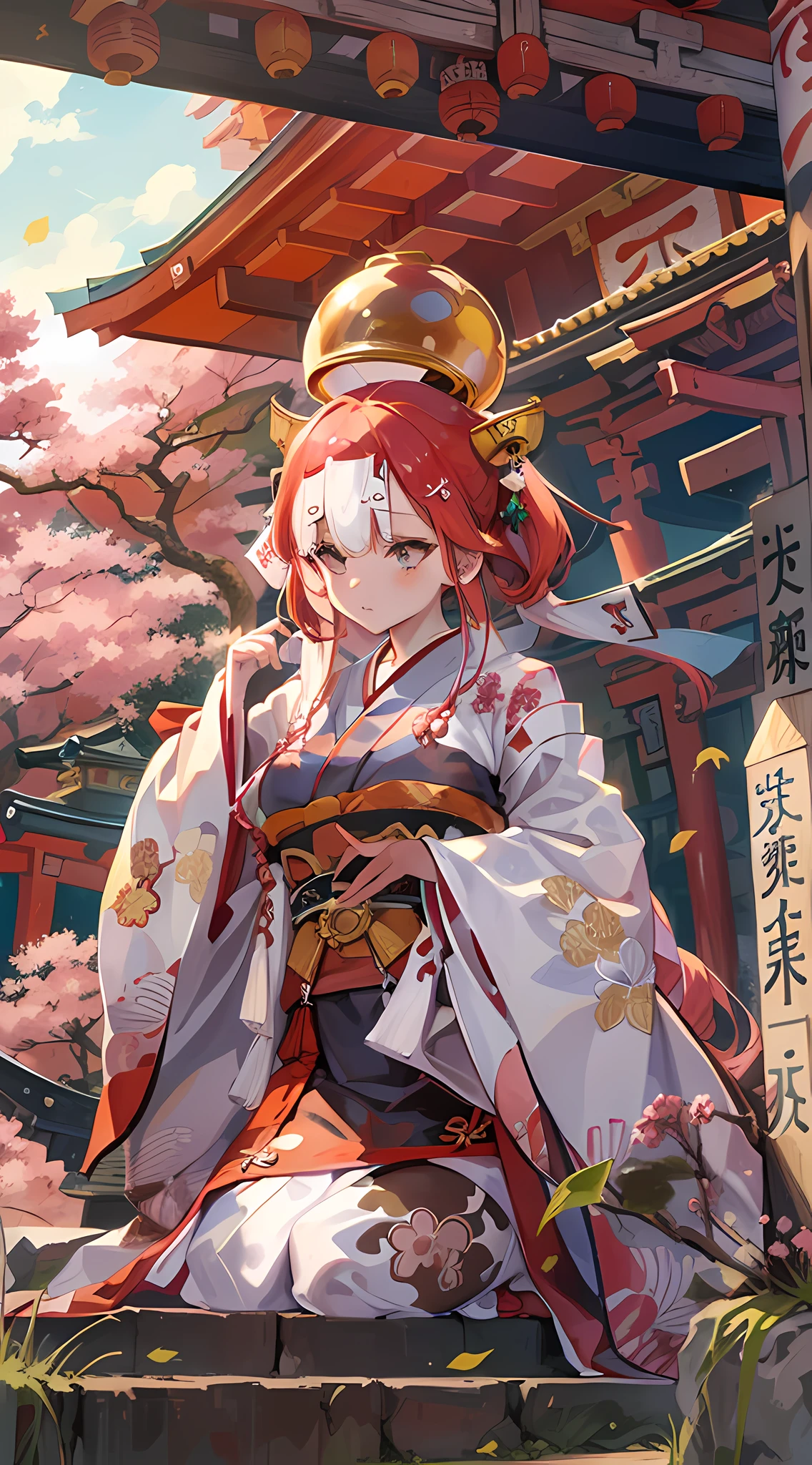 (Japan Priestess:1.5)，Kikyou，(Kagura Bell:1.5)，head gear，Mossy stone steps，falling leaf，Japanese temple background，Red hair，red headgear，Red highlight，the setting sun，strong winds，god light, detail shaded， dream colors，low angles，dream magical，large scene