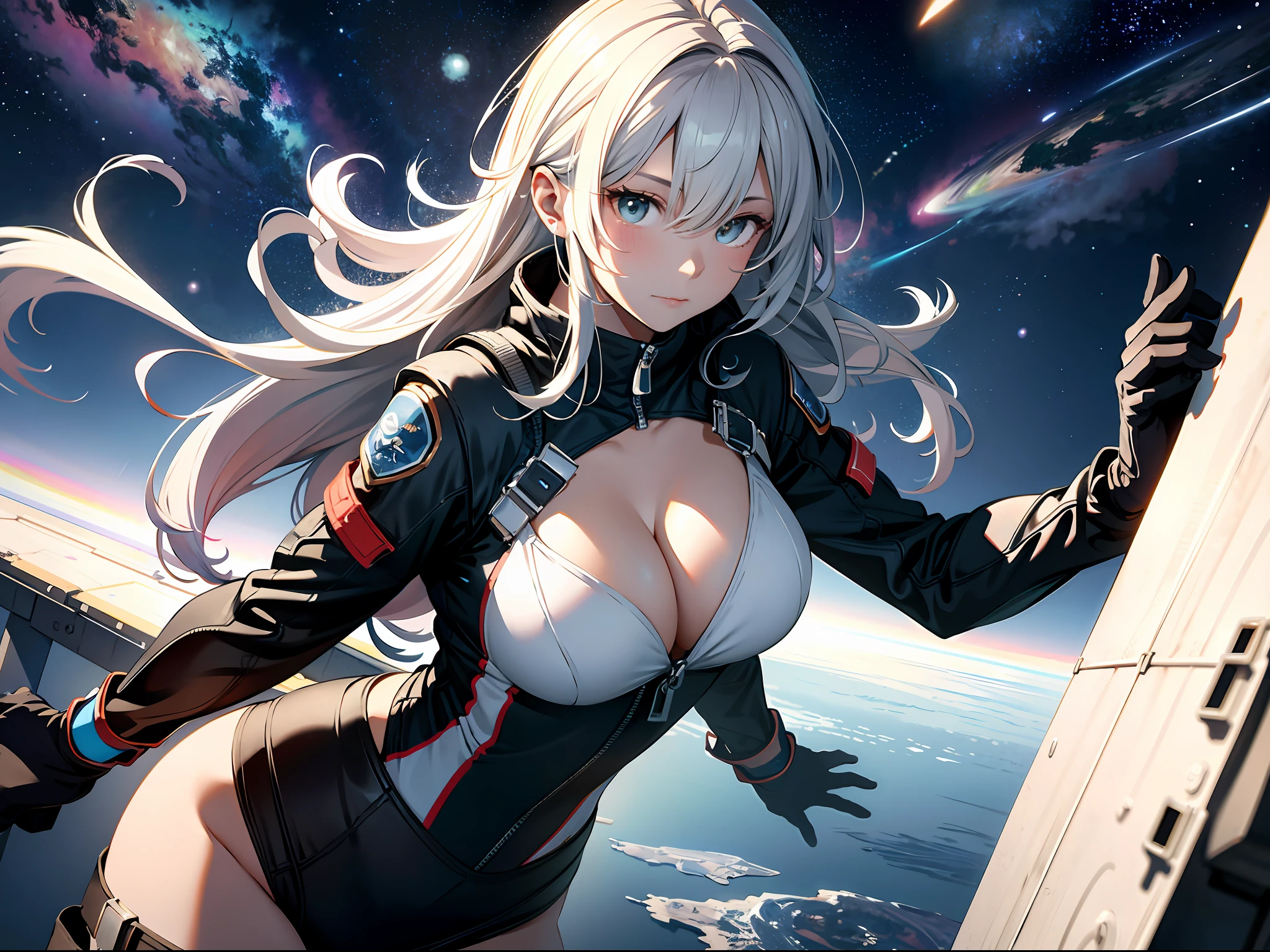 Ridiculous resolution, A high resolution, (Masterpiece:1.4), ultra - detailed, 1girll, looking from above, the space, afloat，cleavage，(Spacesuit 1.2)，particle fx