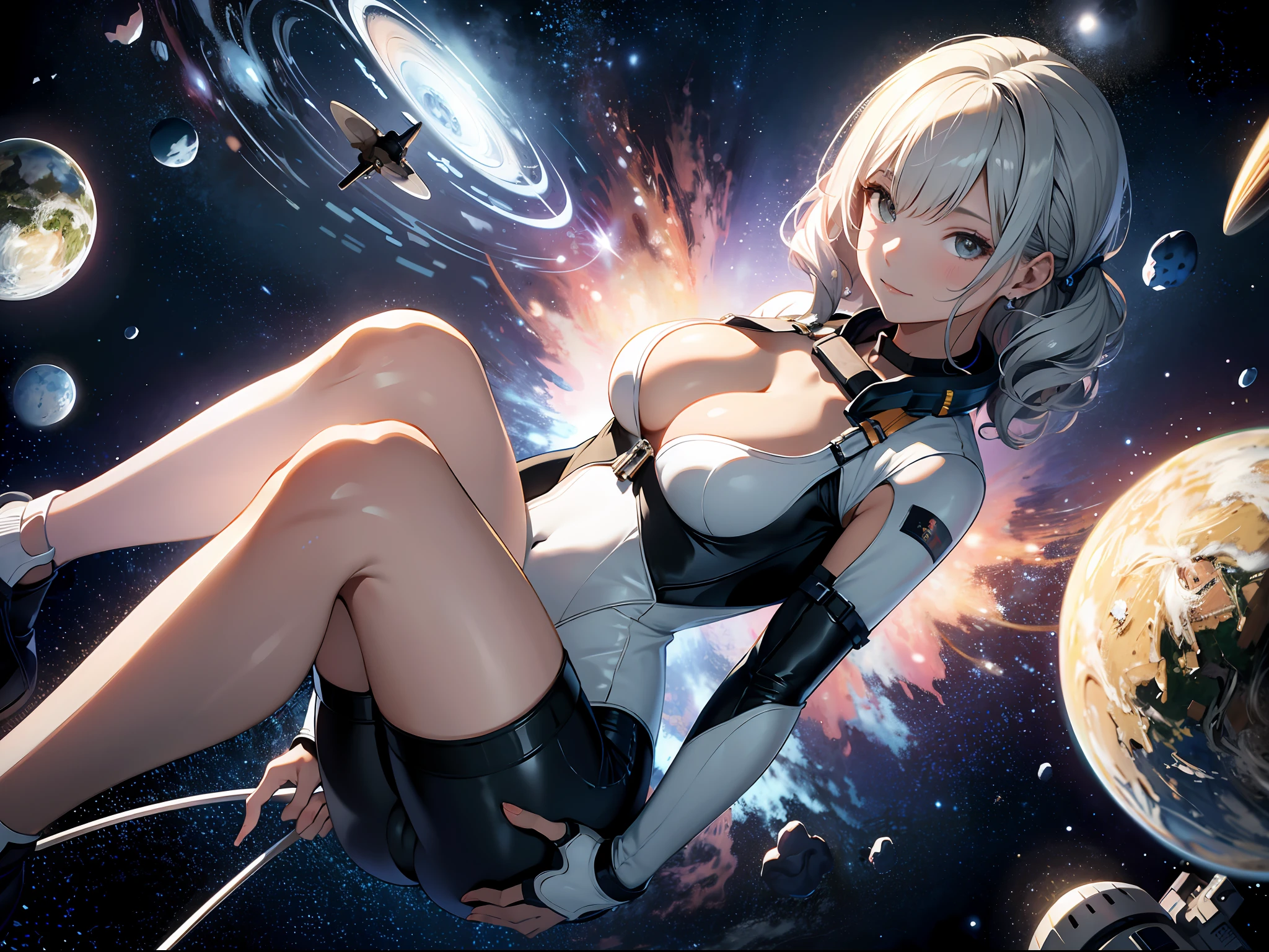 Ridiculous resolution, A high resolution, (Masterpiece:1.4), ultra - detailed, 1girll, looking from above, the space, afloat,cleavage,(Spacesuit 1.2),particle fx