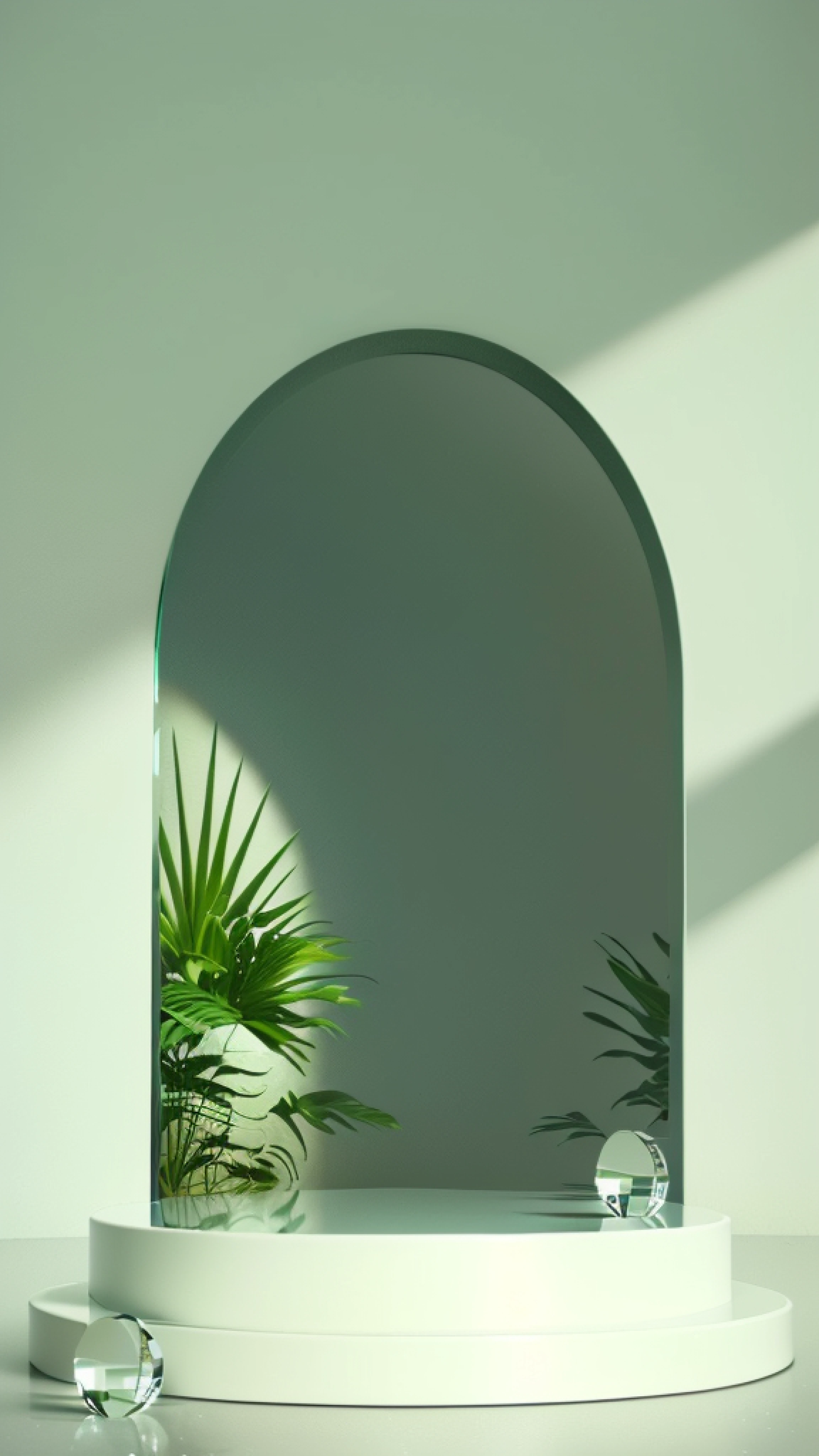 (((highest  quality))), ((style of photography)), ((minimalistic composition)), ((mirror and glass surfaces)), ((Product rendering)), ((clemens ascher)), ((Minimalist and realistic)), ((High-quality theme rendering)), ((3D rendering style)), ((Archilek)), ((archs)), ((Round mirror on the wall))
