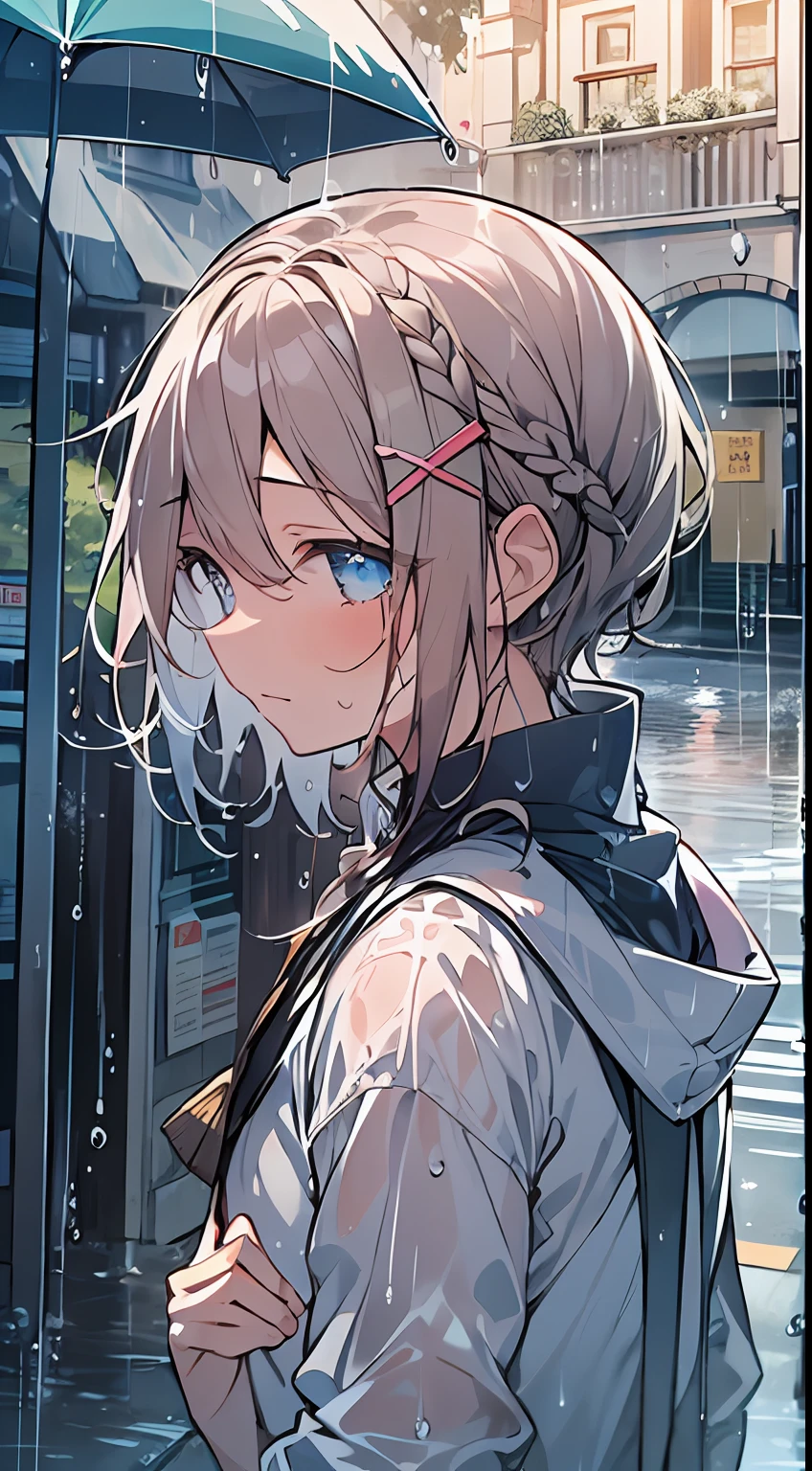 masutepiece, Best Quality,Illustration, Wallpaper, Ultra Detail, absurderes, 1girl in, Solo, (Medium short hair、short braided hair), Beautiful detailed eyes, rainfall、water dripping、wetting hair , Looking to the side, (Street:1.5), Cloudy sky、Bright scenery