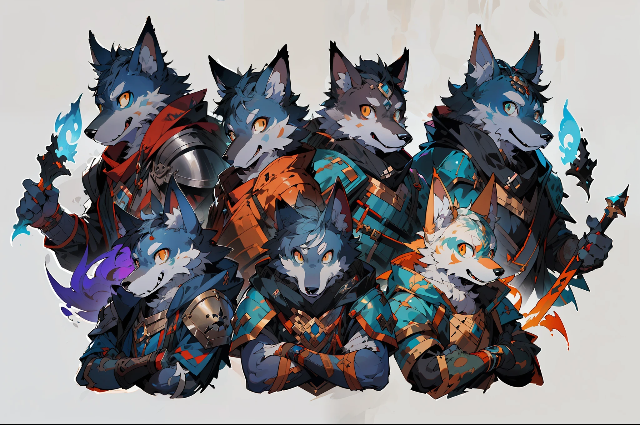 Close-up of a set of four characters of different colors, wolf armor, coriolios rpg art style, high quality dnd illustration, high detailed official artwork, dnd fantsay art, Epic fantasy art style, very very beautiful furry art, character splash art, Detailed game art, detailed full body concept art, full character concept art, official character art