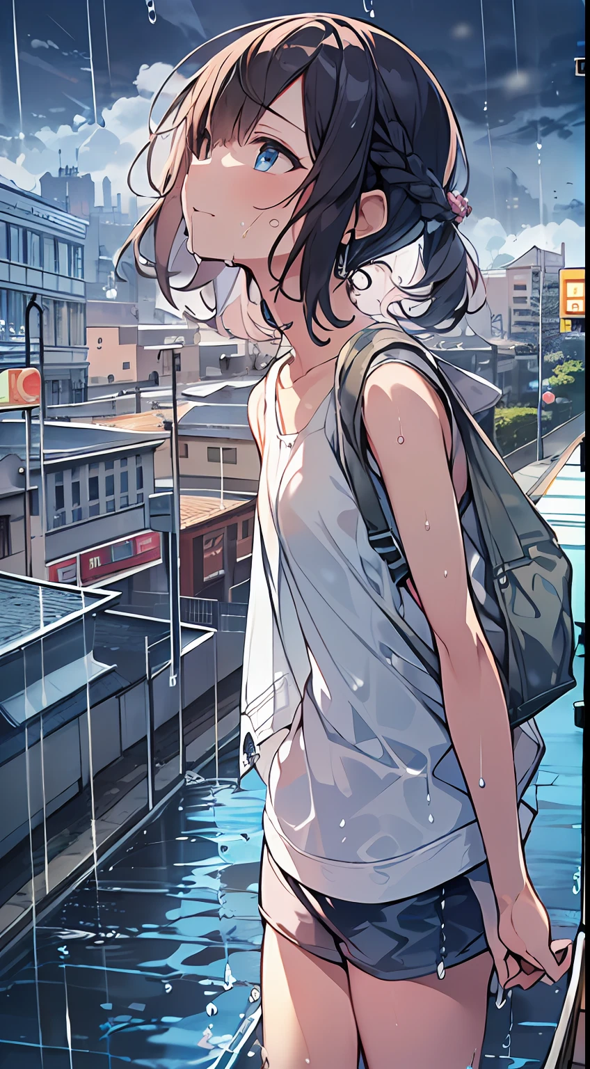 masutepiece, Best Quality,Illustration, Wallpaper, Ultra Detail, absurderes, 1girl in, Solo, (Medium short hair、short braided hair), Beautiful detailed eyes, rainfall、water dripping、wetting hair , Looking to the side, (Street:1.5), Cloudy sky、Bright scenery