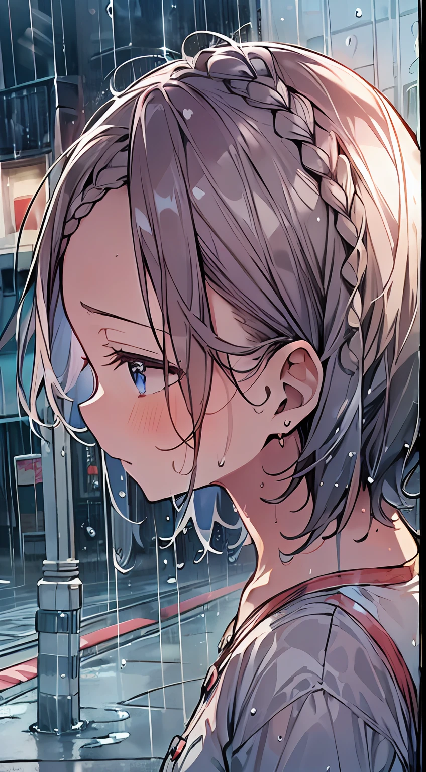 masutepiece, Best Quality,Illustration, Wallpaper, Ultra Detail, absurderes, 1girl in, Solo, (Medium short hair、short braided hair), Beautiful detailed eyes, rainfall、water dripping、wetting hair , Looking to the side, (Street:1.5), Cloudy sky、Bright scenery