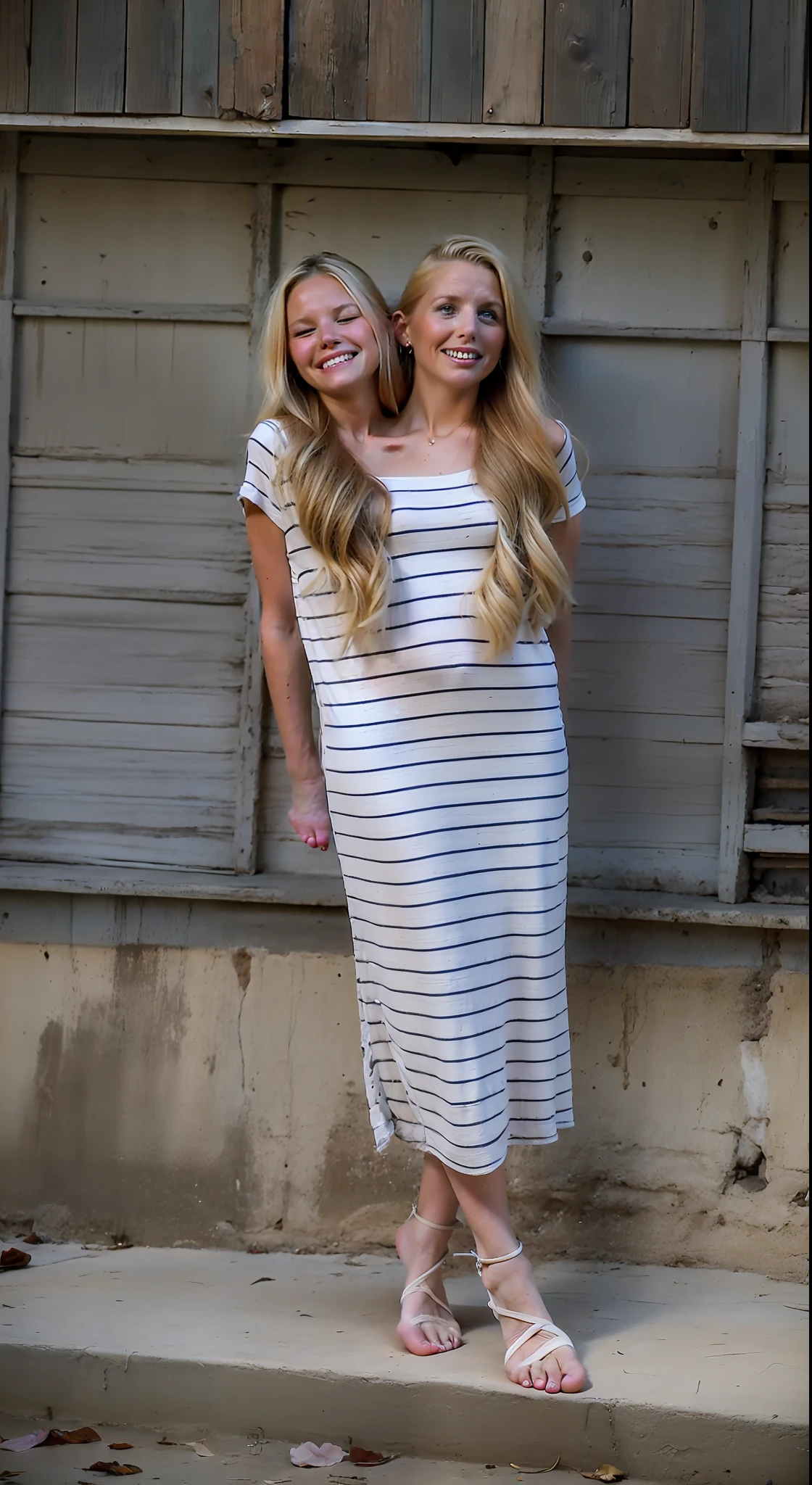 2heads, two headed girl, (mom and daughter:1.5), (young :1.5), (female:1.5), (blonde:1.5), (two heads attached to one body:1.4), conjoined twins, heads side by side, one body, young, uncomfortable, barefoot