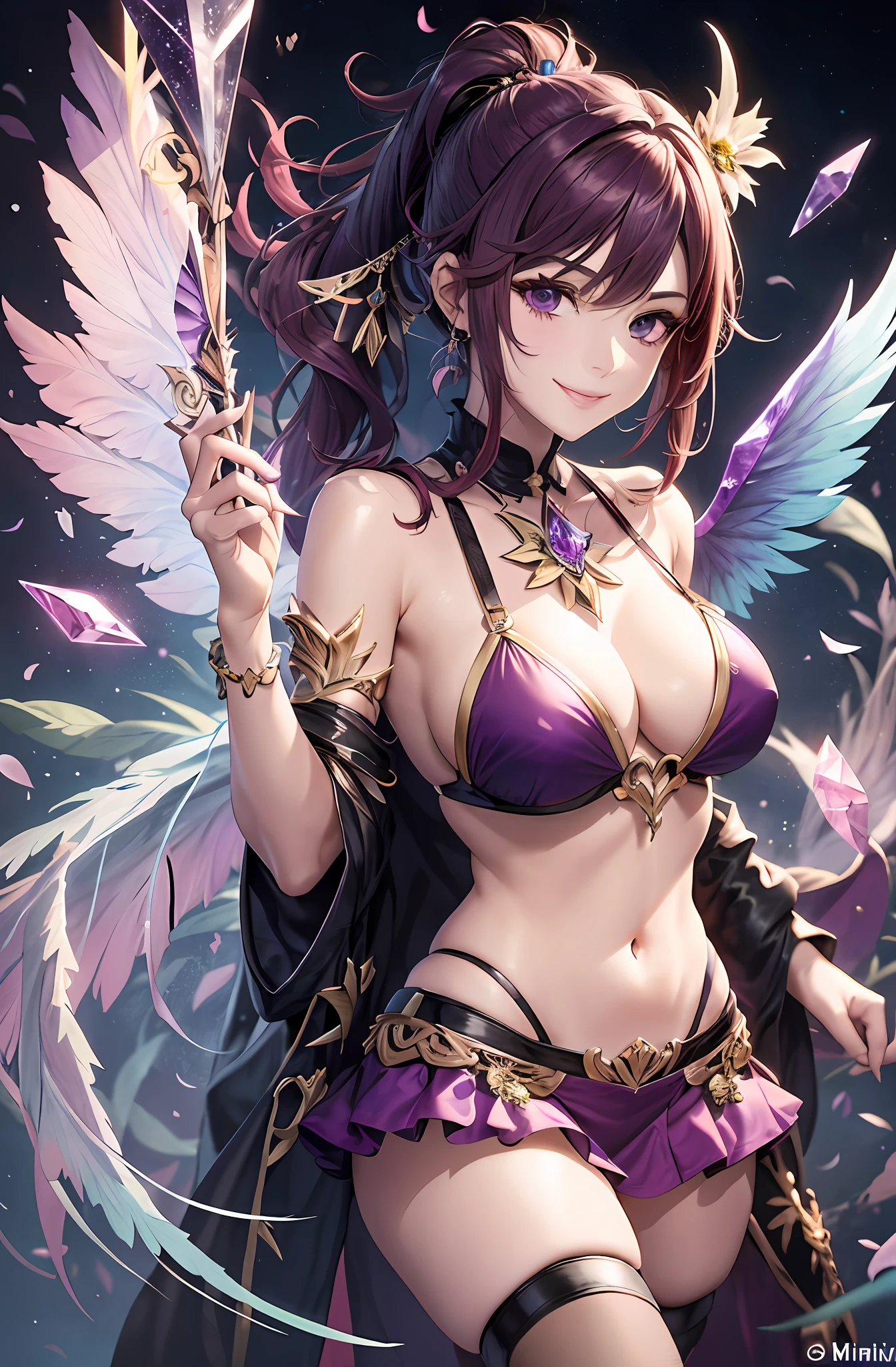Ponytail. Longhair. Smiling bikini, purple hair. Big tits. Miniskirt. Purple wings. Diviner. Purple crystal. Woman with red hair in crystal.
