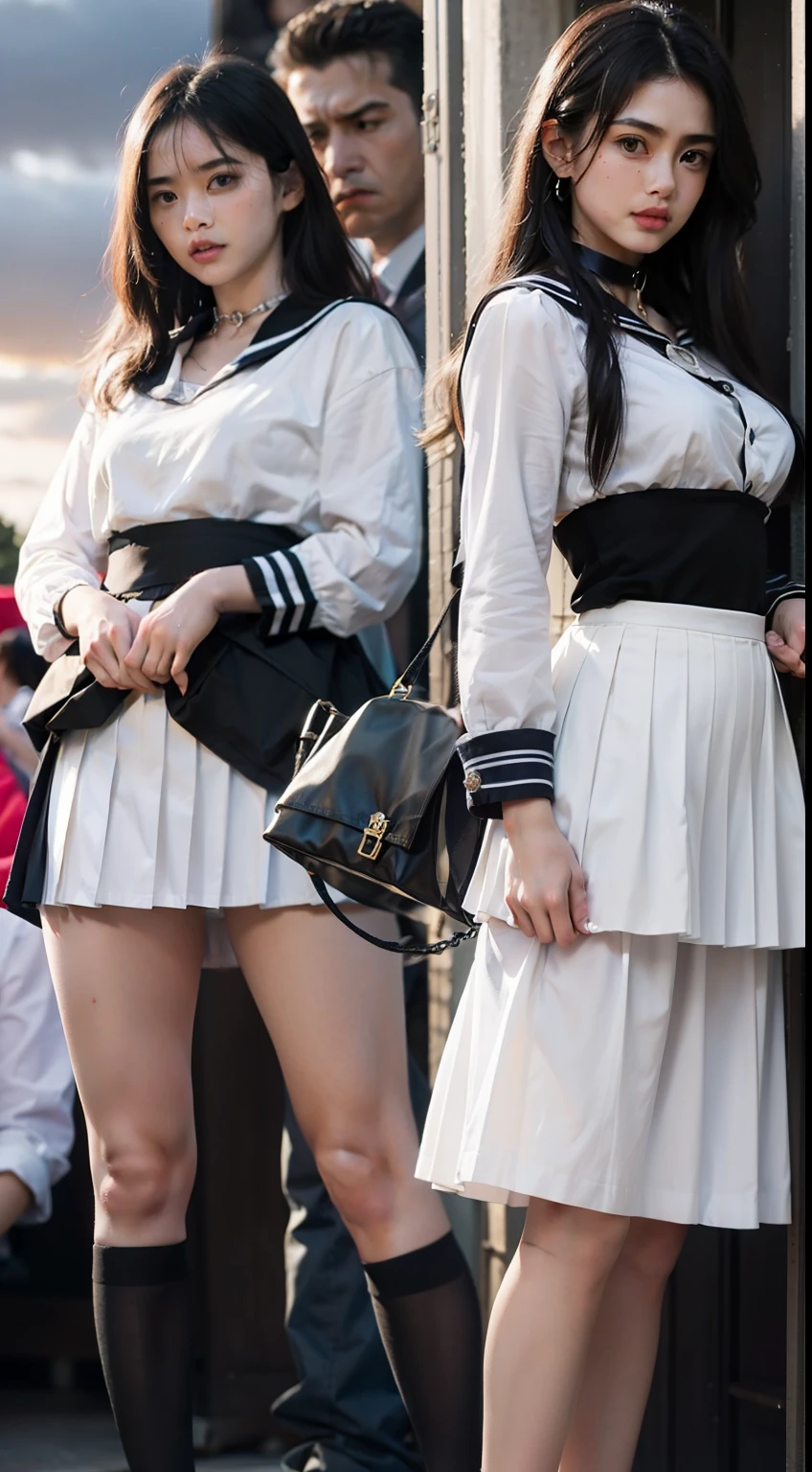 The highest quality shooting　　　　、White lace panties　、(((Two Women)))、　Thin rope、Tying up the body　、　(((Black collar))) 、　Skirt Roll Up　、　Two Women、White School Uniform、(((audience)))　、a sailor suit　、Dark blue pleated skirt　、Pleated skirt of medium length　、student clothes　、　　Collar with a leash　、Cowboy Shot　　 、is crying　 　　、Portraits are prohibited　、blushed face　、　　　at the sunset　　、field day　、Cultural Festival　、Man's Festival　、An amusement park　　、(((audience)))　　、　A dark-haired　、Low angle full body photo　、Sad look、 Black hair, shining beautiful skin , Sweat, collar and chain accessories, beautiful black pupil and hair, Detailed expression　, beautidful eyes