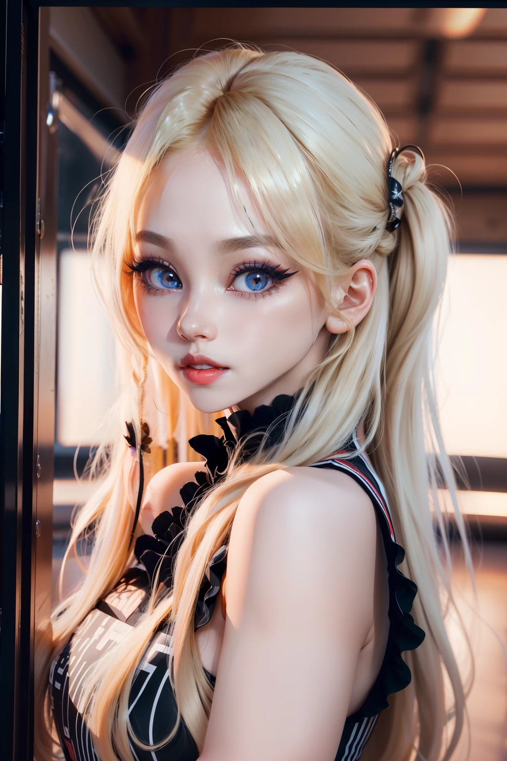 (8k, 4k, best quality, highres, ultra high res:1.1), (masterpiece, realistic, photo-realistic:1.1), 1girl,  face, close-up, twintails, blonde hair, black eyes, red lips,  (looking at viewer:2), absurdly long hair, long eyelashes, eyeshadow,  small face, big eyes,
bare shoulders,
high contrast,