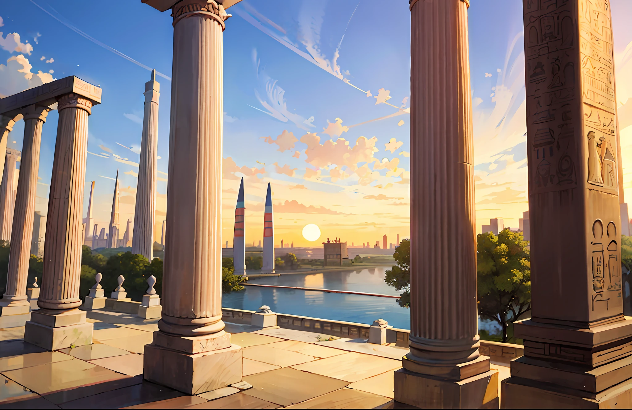 Magnificent ancient Egyptian-style temple，Ancient Egyptian temples，Ancient Egyptian temples，obelisk，Nile River，setting sun，epic sense，Sense of grandeur