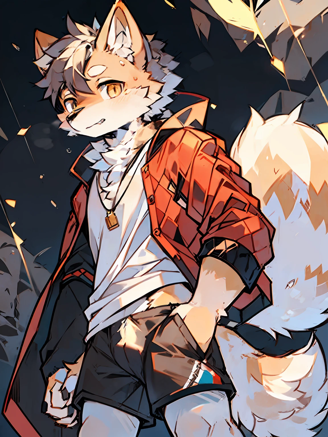 solo person,shaggy male,Furry,Dogs,Shiba dog,Beige wind and rain,grey shorts,white legwear,Golden pupils ,light brown fur,Furry tail