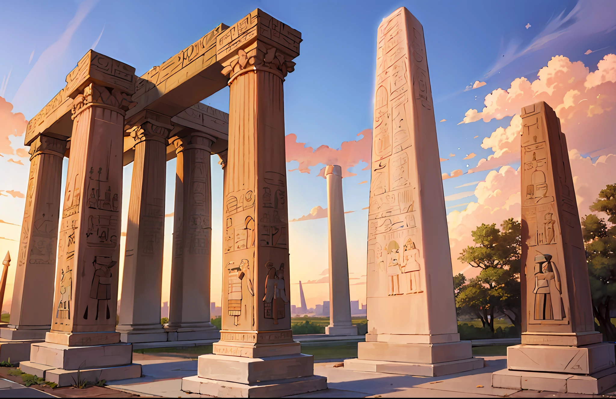 Magnificent ancient Egyptian-style temple，Ancient Egyptian temples，Ancient Egyptian temples，obelisk，Nile River，setting sun，epic sense，Sense of grandeur