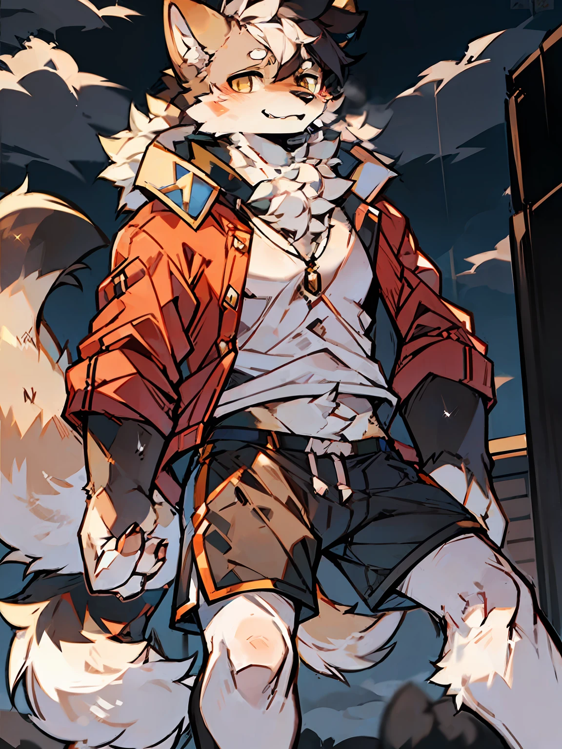 solo person，shaggy male，Furry，Dogs，Shiba dog，Beige wind and rain，grey shorts，white legwear，Golden pupils ，light brown fur，Furry tail