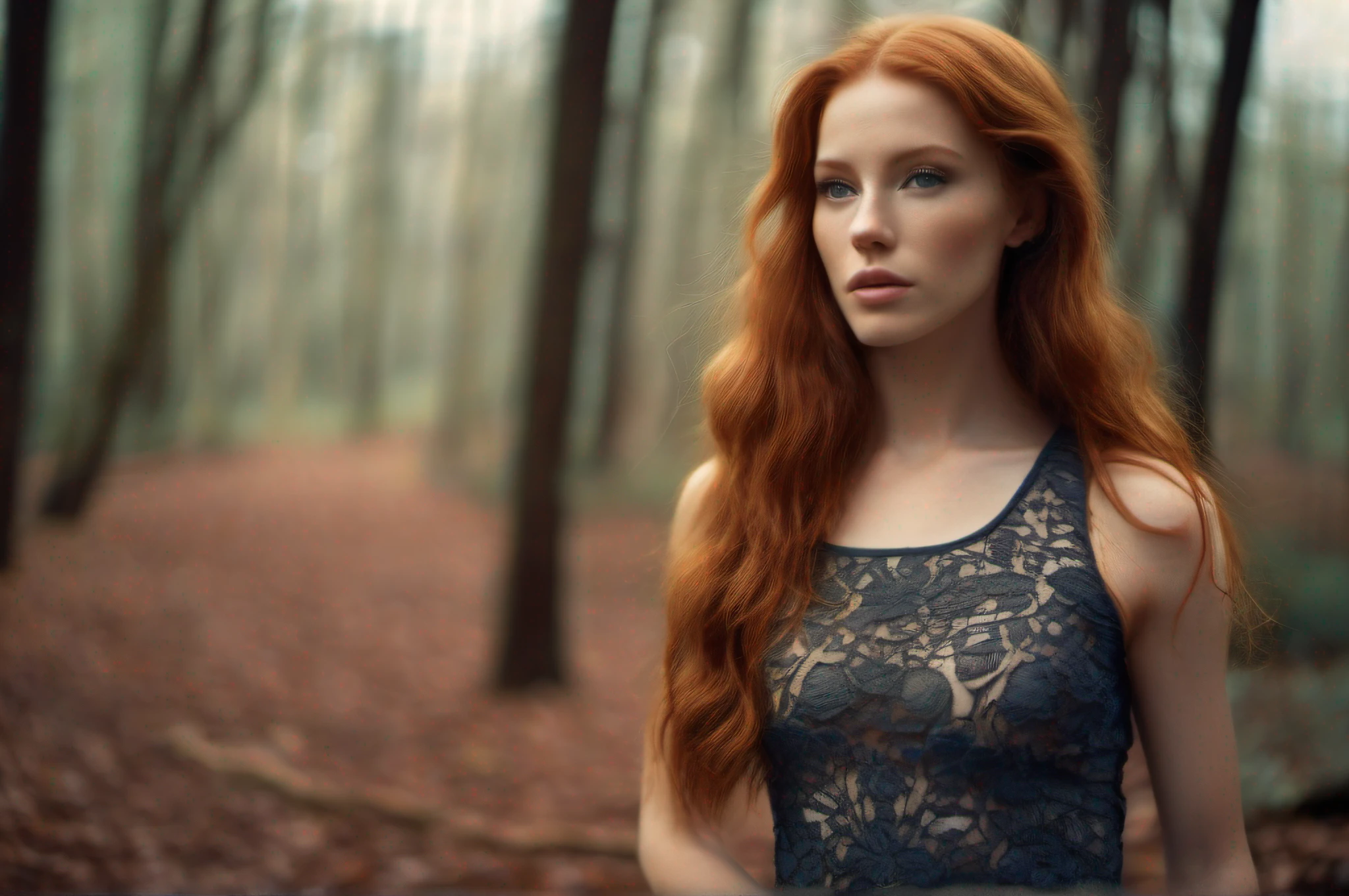 (masterpiece), cinematic film still, (full body shot) of beautiful and sexy young red haired woman, (long hair), (perfect face), (detailed facial features), seductive look, (amazing body), (wearing bodysuit), standing, outdoors, moist, damp, forest, detailed background), shallow depth of field, (detailed), photographed on a Kodak box camera,