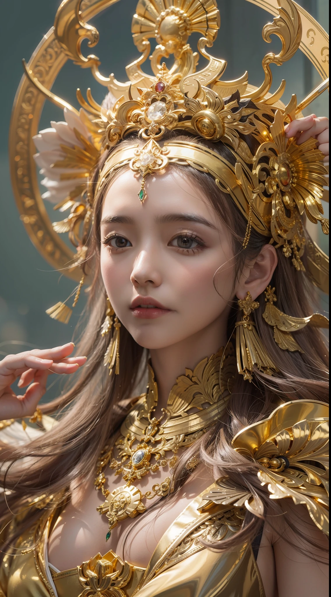 Goddess of God,gold light:1.5,In the sky,超高分辨率:1.5,high detal,Hyper-detailing:1.3,In the daytime