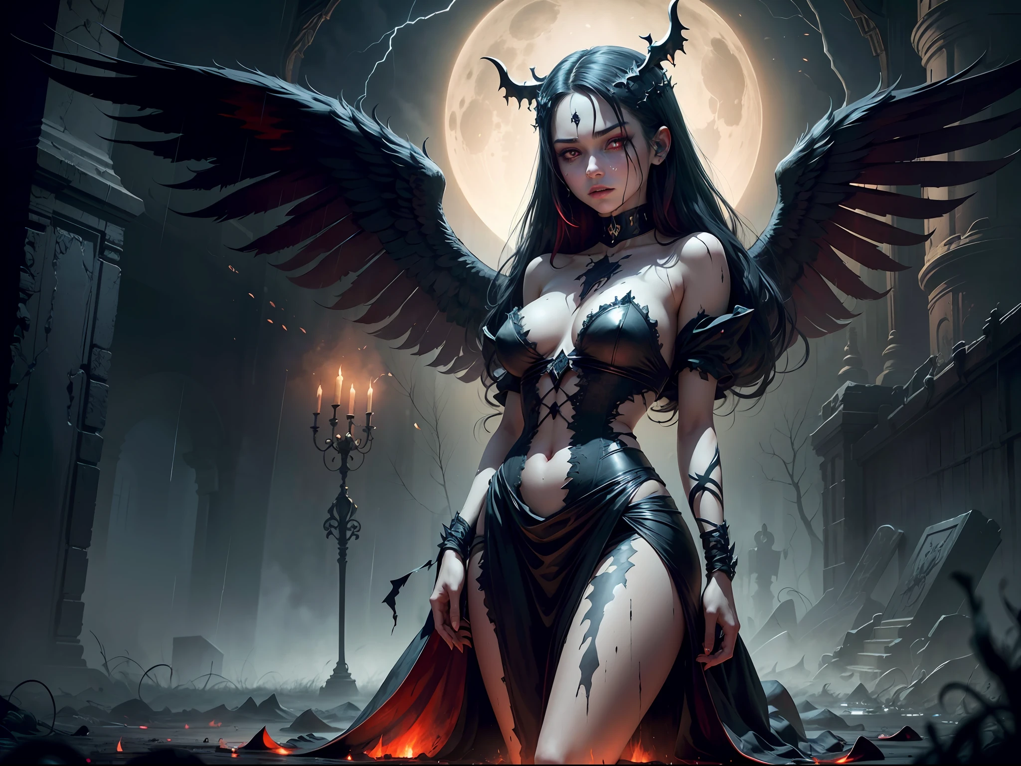 In the hauntingly mesmerizing "Eclipse of the Fallen, " a negative effect shrouds the canvas, intensifying the sense of dread and malevolence that unfolds. The black theme, rather than alluring, now feels suffocating, enveloping the viewer in an atmosphere of sheer terror.
Amidst the surreal and intricate scenery, the fallen angels lie lifeless, their once divine wings now tattered and stained with blood. The ghastly throne, instead of evoking power, now exudes a chilling sense of hopelessness. Atop it stands a figure of pure malevolence, shrouded in darkness.
Her name is Lilith, the Dark Queen of this twisted realm. Her beauty is undeniable, but it is a beauty that sends shivers down one's spine. With her black hair cascading like a waterfall of shadows and her piercing red eyes glowing with an unholy light, she radiates a malevolence that pierces the soul.
In this mystical setting, a relentless rain of blood falls from the skies, casting an eerie crimson glow over the scene. The once enchanting ambiance now feels like a curse, leaving the viewer feeling trapped and overwhelmed by the sinister atmosphere., insanevoid, glowing eyes, extra eyes, horror \(theme\) --auto