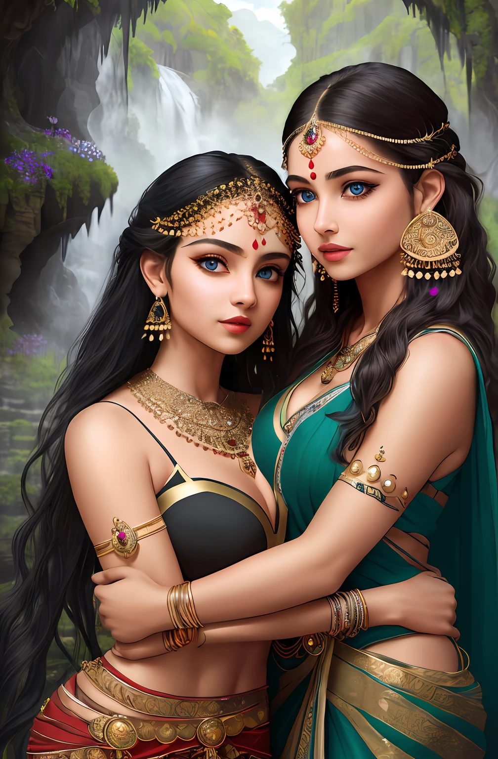((realistic:1.5)),((best quality)), ((masterpiece)),((detailed)),2girls,duo,{2 beautiful female}, (upper body:1.3),hugging and touching each other, teasing her friend's waist, gasping friend, biting her friend's ear lobe, squatting,super-wide-angle lens,face focus,long legs,curvy, barefoot, medium breasts, open cleavage,long black hair,floting hair,long eyelashes, (detailed face,beautiful eye, detailed pupilss,detailed clothes features, clear background:1.3), (Bindi,Jhumkas:1.3),mysterious ancient ruin, lush forests, deep canyons,bridge,river,cliff,cloud,lakes,rock,waterfalls, flowers, grass,vine,tree,bright details,sharp,perfect composistion, Intricate, Sharp focus, dramatic,