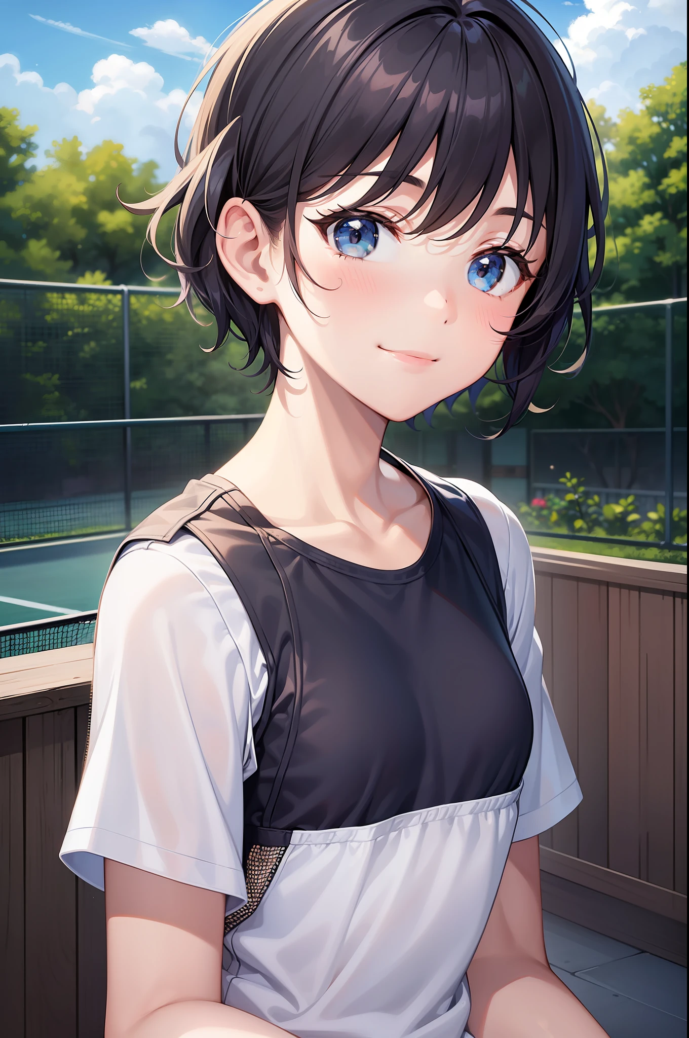 1girl in,Light Sky Blue Tennis Wear,tiny chest,Cute face,Smiling,Short hair,Black hair,public park,Illustration style,masutepiece, extremely fine and beautiful,13 years old