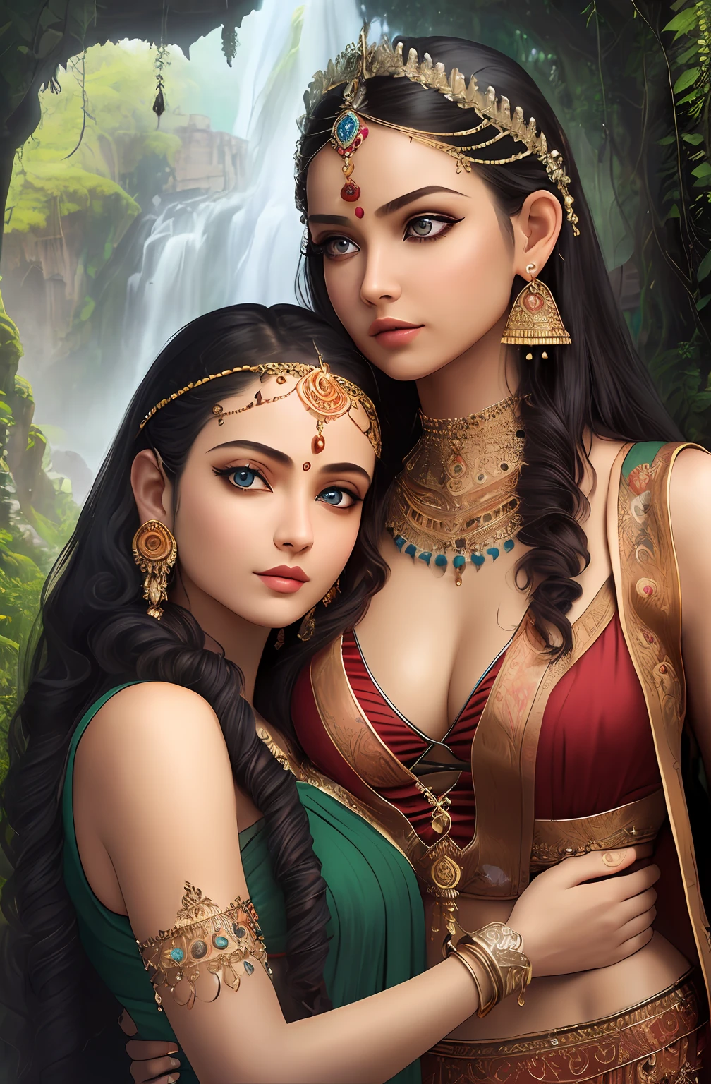 ((realistic:1.5)),((best quality)), ((masterpiece)),((detailed)),2girls,duo,{2 beautiful female}, (upper body:1.3),hugging and touching each other, teasing her friend's waist, gasping friend, biting her friend's ear lobe, squatting,super-wide-angle lens,face focus,long legs,curvy, barefoot, medium breasts, open cleavage,long black hair,floting hair,long eyelashes, (detailed face,beautiful eye, detailed pupilss,detailed clothes features, clear background:1.3), (Bindi,Jhumkas:1.3),mysterious ancient ruin, lush forests, deep canyons,bridge,river,cliff,cloud,lakes,rock,waterfalls, flowers, grass,vine,tree,bright details,sharp,perfect composistion, Intricate, Sharp focus, dramatic,
