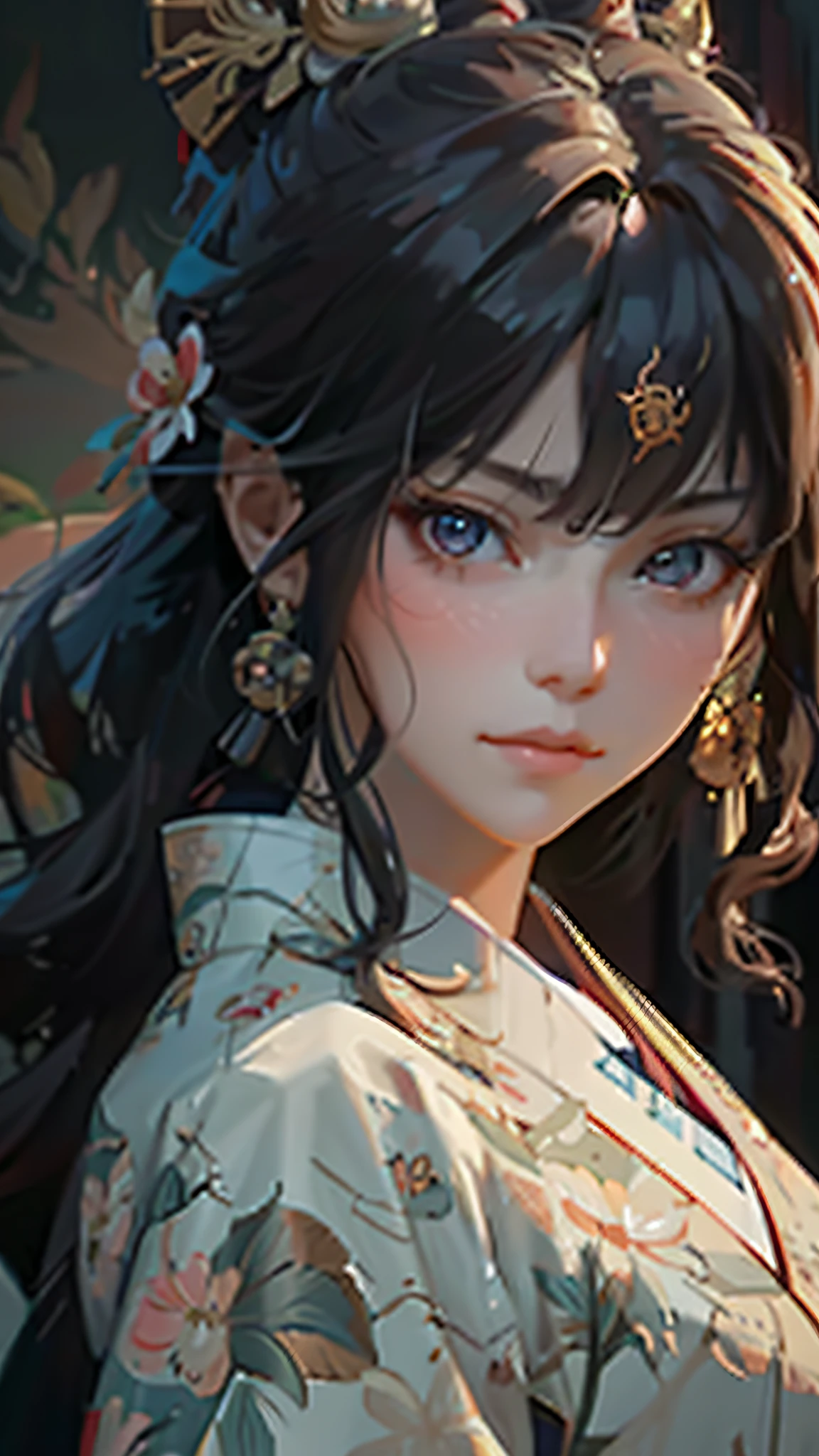 a woman with long hair wearing a kimono and a flower in her hair, guweiz, artwork in the style of guweiz, detailed portrait of anime girl, detailed digital anime art, stunning anime face portrait, beautiful anime portrait, beautiful character painting, digital anime illustration, by Yang J, digital anime art, advanced digital anime art, fanart best artstation