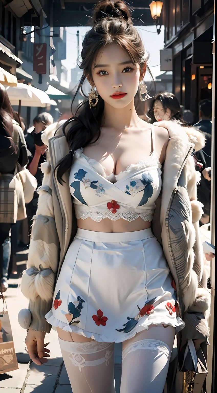((best qualtiy,tmasterpiece,超高分辨率)),(realisticlying:1.4),(Korean star poster-like),1girll,From head to knees,Dynamic posture,adult face,Slim,(ssmile),(shiny skins),(contours,frontage,eventide),whaite hair,long whitr hair,黑The eye,(big cleavage breasts),Top fashion,((White plush coat)),Lace,(short skirt),(nevando:1.5,pedestrian street,The city in winter),(Clear eyes),(Clear nose),(Clear lips),(Fair skin),(Ultra-realistic textile textures)