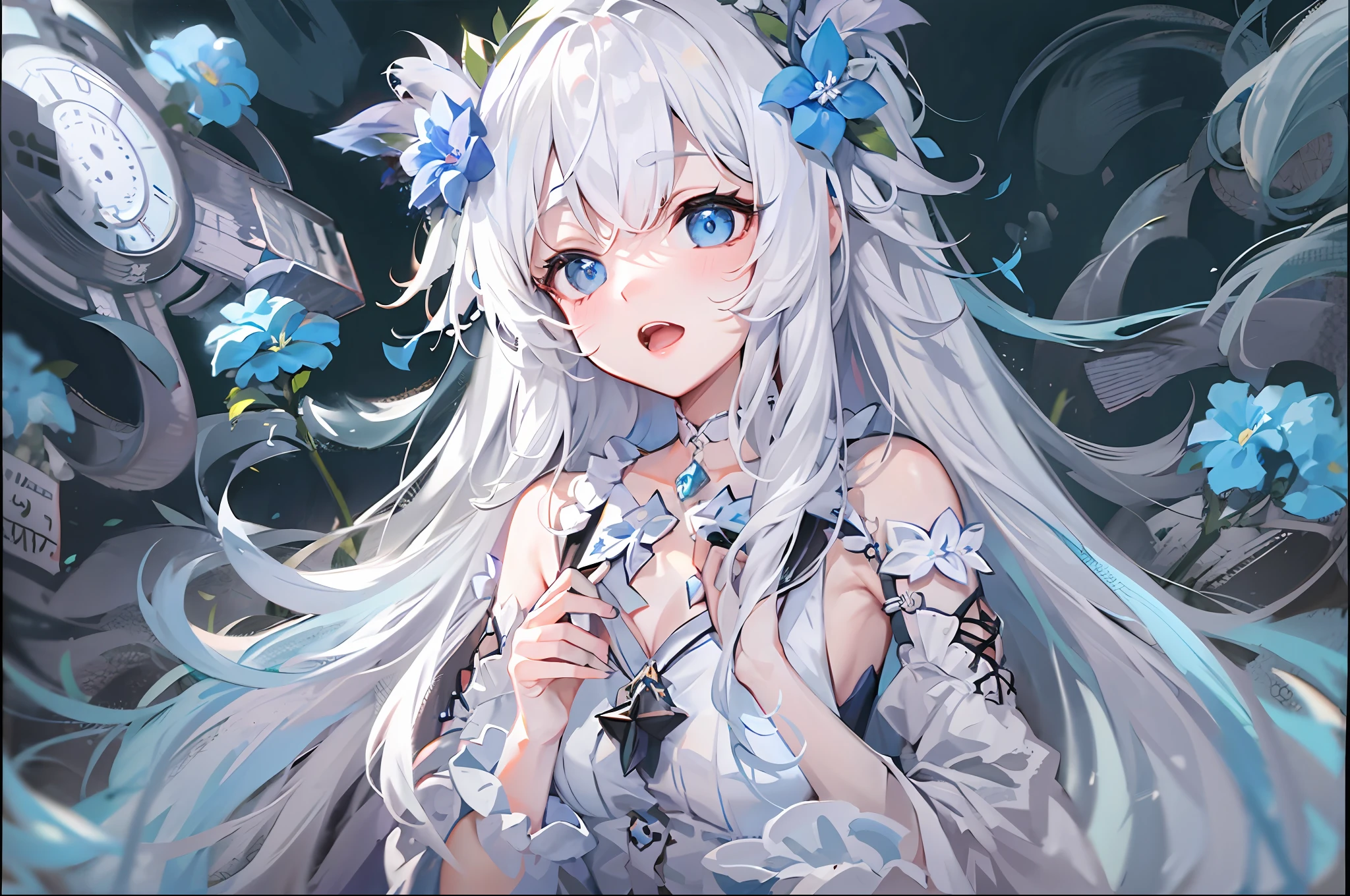 anime girl with long white hair and blue flower in her hair, gothic maiden anime girl, ahegao, white-haired god, A scene from the《azur lane》videogame, Loli, ahegao face, tsuaii, discord profile picture, From Arknights, Splash art anime Loli, anime moe art style, discord pfp, lollipop, tired and haunted expression