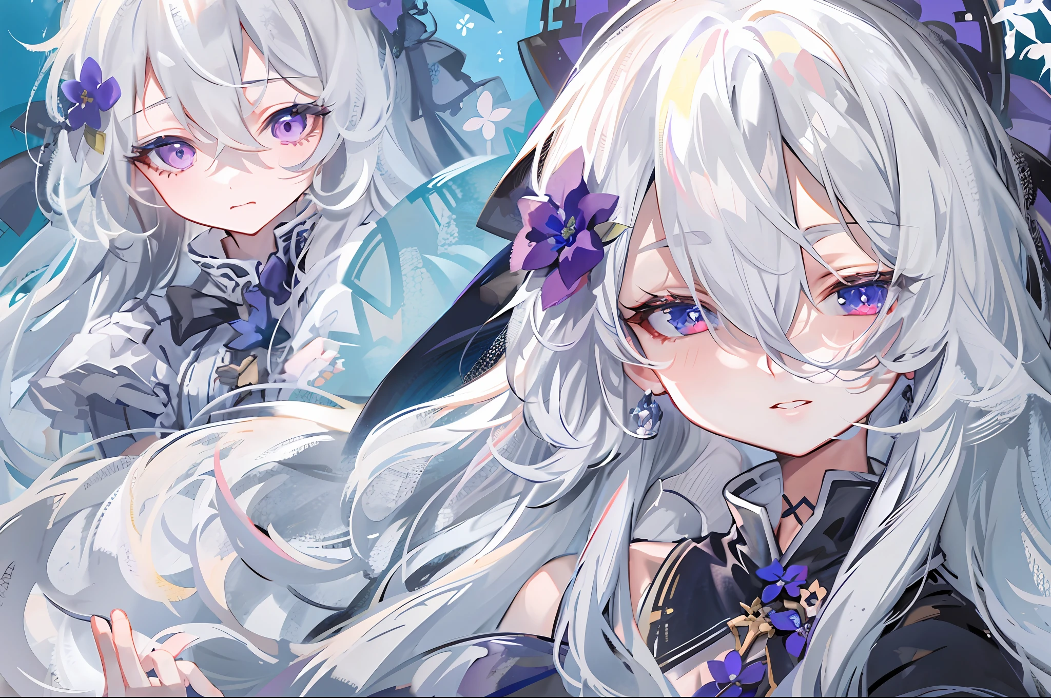 anime girl with long white hair and blue flower in her hair, gothic maiden anime girl, ahegao, white-haired god, A scene from the《azur lane》videogame, , ahegao face, tsuaii, discord profile picture, From Arknights, Splash art anime Loliime moe art style, discord pfp, lollipop, tired and haunted expression
