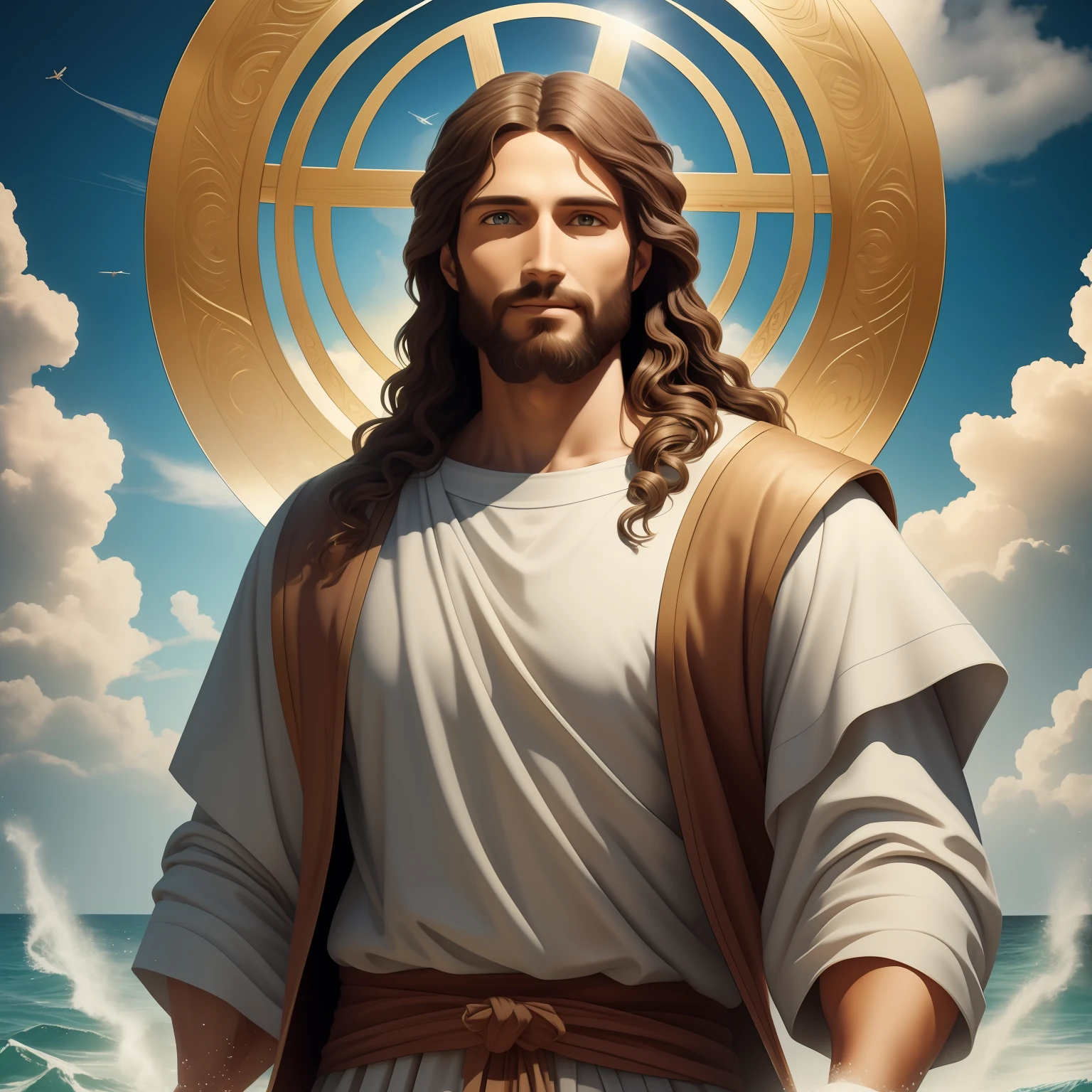 Real Jesus flying on sky with a flying cloud in the background, Jesus walking on water, biblical illustration, epic biblical representation, forcing him to flee, coming out of the ocean, ! holding in hand!, disembarking, god of the ocean, beautiful representation, 8k 3D Model, realistic,
a 3D Realistic of jesus with a halo in the sky, jesus christ, smiling in heaven, portrait of jesus christ, jesus face, 35 young almighty god, portrait of a heavenly god, greg olsen, gigachad jesus, jesus of nazareth, jesus, the face of god, god looking at me, he is greeting you warmly, he is happy, avatar image