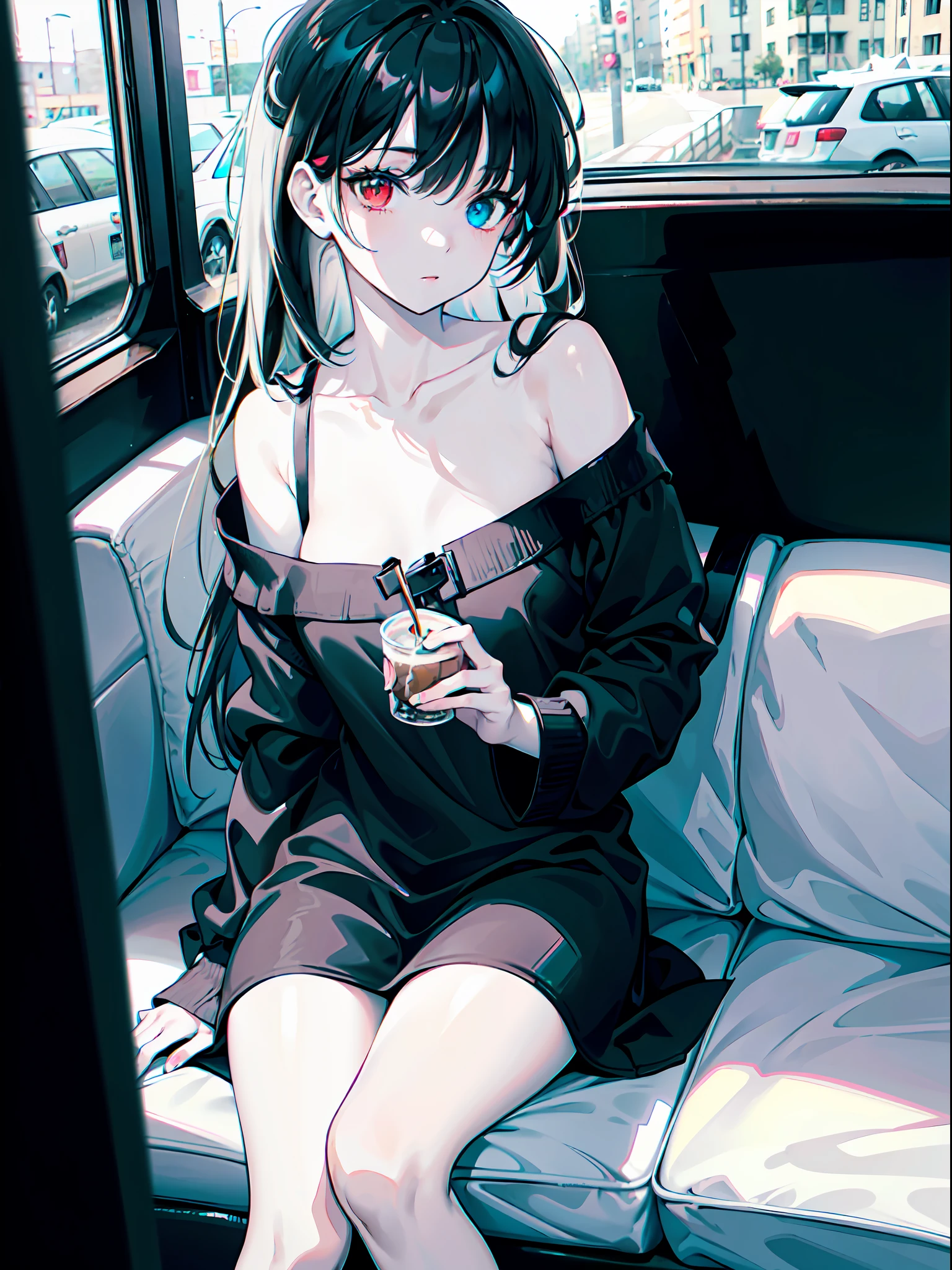 ((female)), (solo:1.2), ((masterpiece)), ((pale skin)), ((detailed eyes)), (bokeh effect), (dynamic angle), black hair, long hair, messy hair, ((heterochromia)), (interior), (off shoulder), ((casual)), (collarbone)