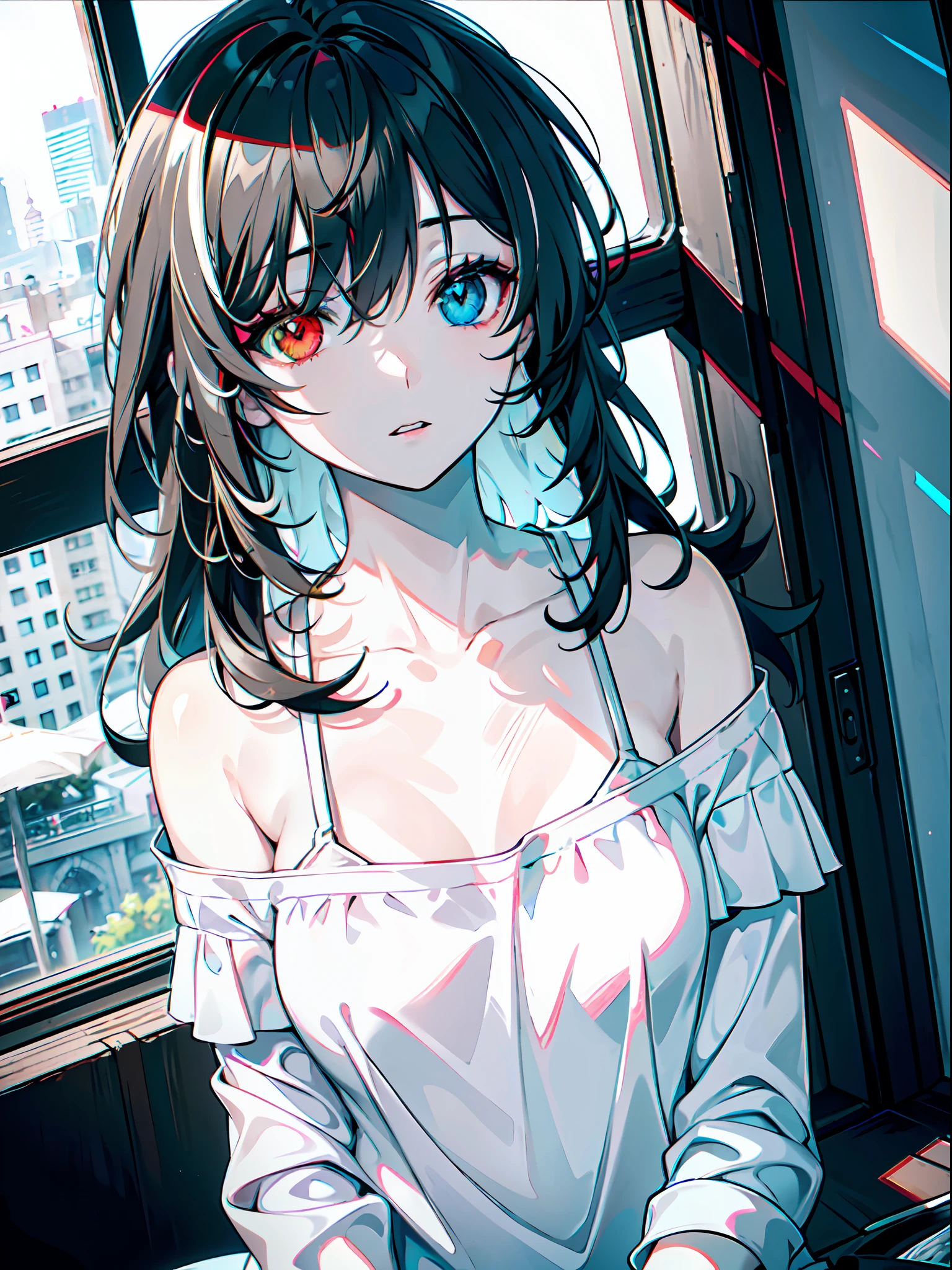 ((female)), (solo:1.2), ((masterpiece)), ((pale skin)), ((detailed eyes)), (bokeh effect), (dynamic angle), black hair, long hair, messy hair, ((heterochromia)), (interior), (off shoulder), ((casual)), (collarbone)