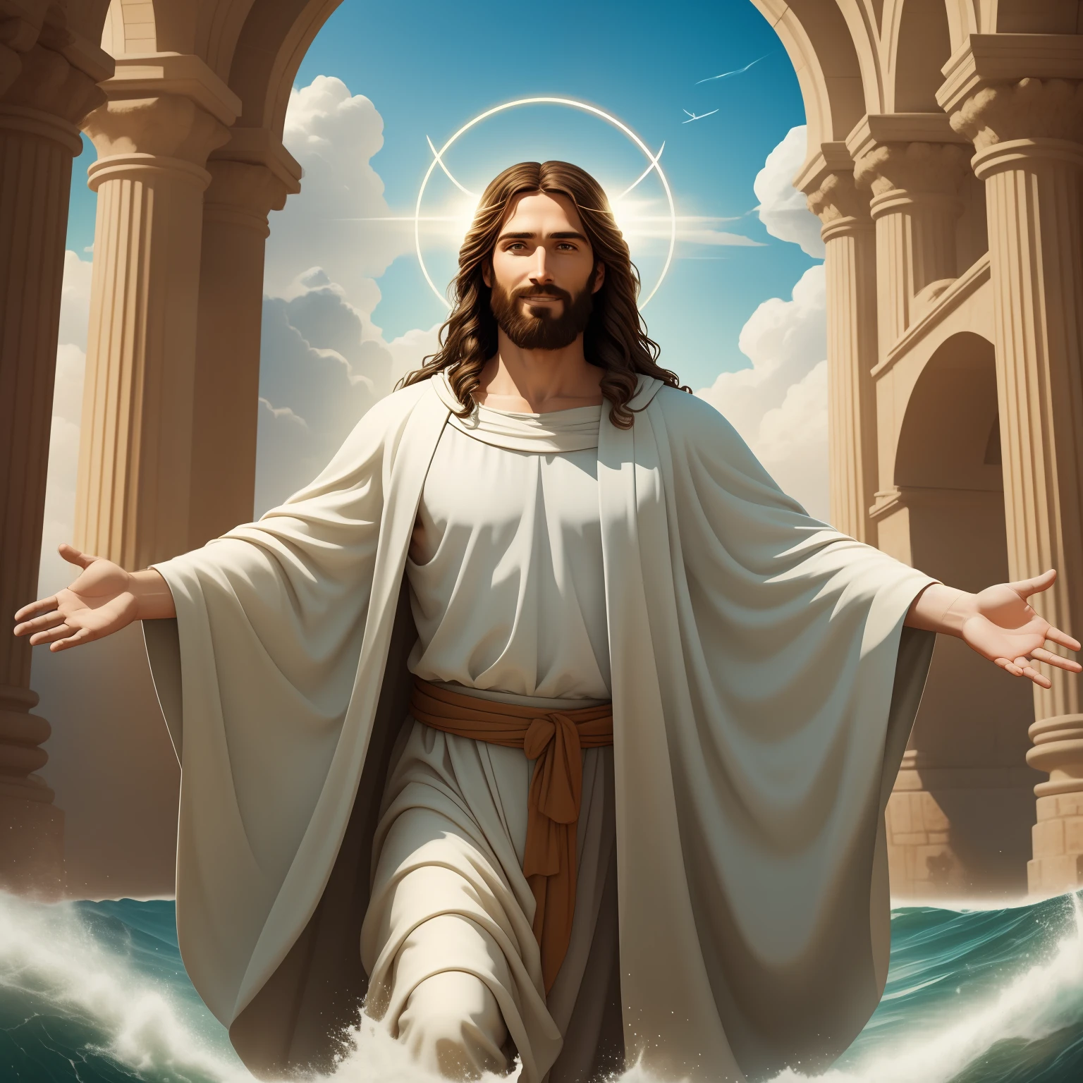 Real Jesus flying on sky with a flying cloud in the background, Jesus walking on water, biblical illustration, epic biblical representation, forcing him to flee, coming out of the ocean, ! holding in hand!, disembarking, god of the ocean, beautiful representation, 8k 3D Model, realistic,
a 3D Realistic of jesus with a halo in the sky, jesus christ, smiling in heaven, portrait of jesus christ, jesus face, 35 young almighty god, portrait of a heavenly god, greg olsen, gigachad jesus, jesus of nazareth, jesus, the face of god, god looking at me, he is greeting you warmly, he is happy, avatar image