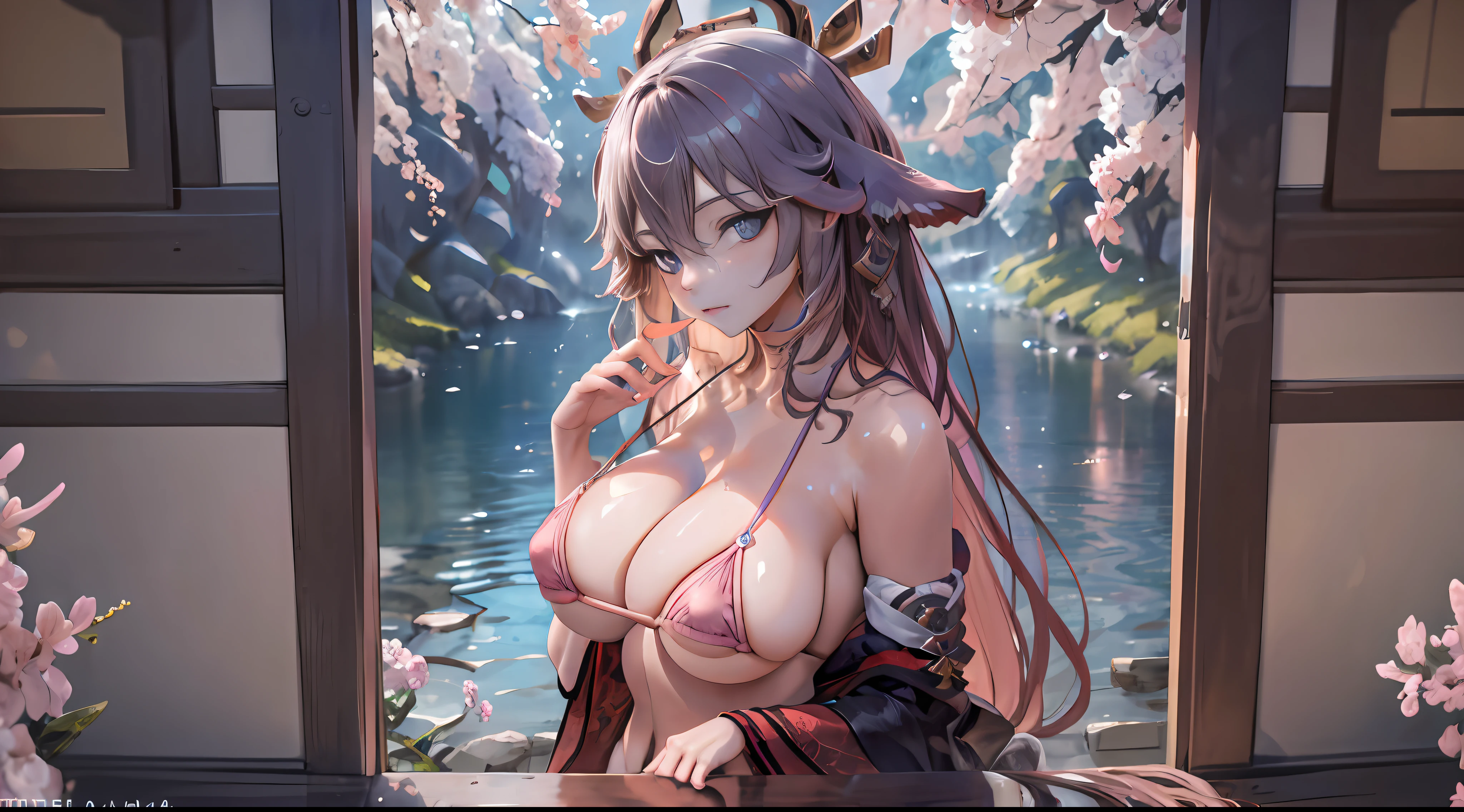 (NSTDA.:1.2), (10, beste-Qualit, master-piece: 1.4), ultra-high resolution, (lifelike, photorealistic portrait: 1.48), 20 age, Cute Girl, (See through the microcolor bikini beetle:1.11), Famous Japanese actors, gigantic breasts, Blue Eyes, Head tilt, cowboy shot, from the side, looking at the audience, expressionless, Beautiful lake, Zeiss 150mm F/ 2.8 Hasselblad, In Japanese shrines, Whole body, foot, Ultra-Wide Angle