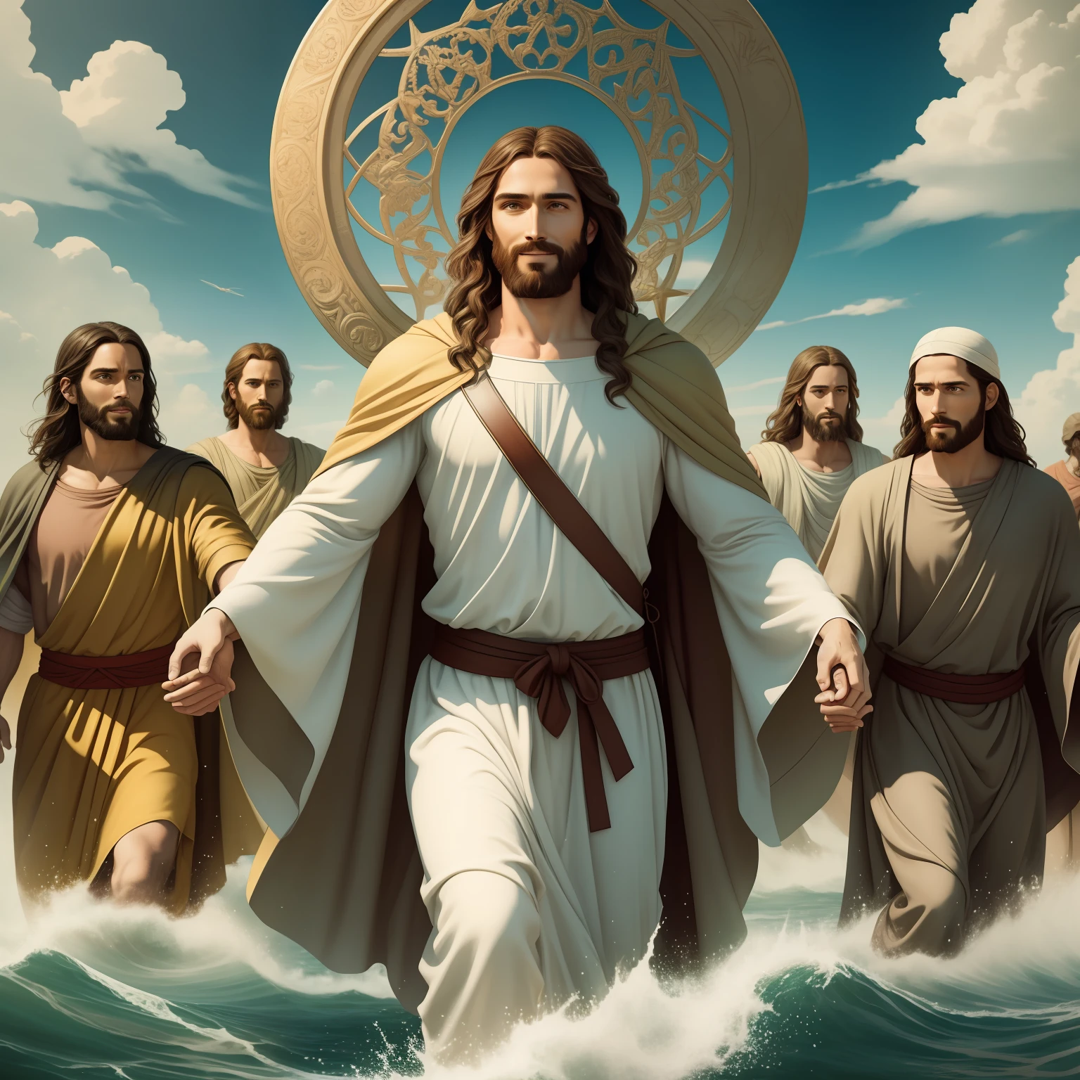 Real Jesus walking on water with a flying cloud in the background, Jesus walking on water, biblical illustration, epic biblical representation, forcing him to flee, coming out of the ocean, ! holding in hand!, disembarking, god of the ocean, beautiful representation, 8k 3D Model, realistic,
a 3D Realistic of jesus with a halo in the sky, jesus christ, smiling in heaven, portrait of jesus christ, jesus face, 35 young almighty god, portrait of a heavenly god, greg olsen, gigachad jesus, jesus of nazareth, jesus, the face of god, god looking at me, he is greeting you warmly, he is happy, avatar image