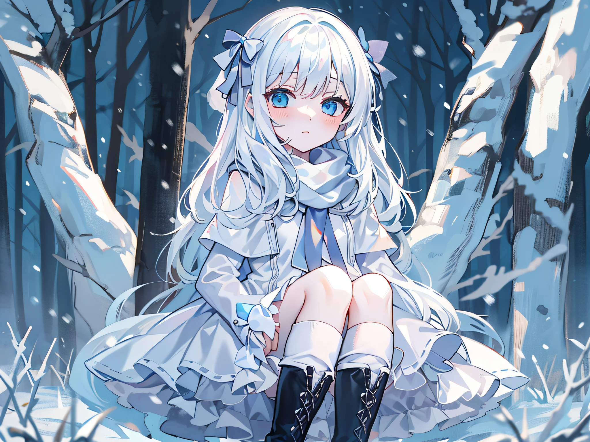 Light blue eyes,Princess cut,whaite hair,White thigh boots,White Gothololita,White over-the-knee stockings,white bows,Full body like,sweeping bangs,Semi-closed Eyes,Long white scarf,ln the forest,the night,at winter season,bit girl