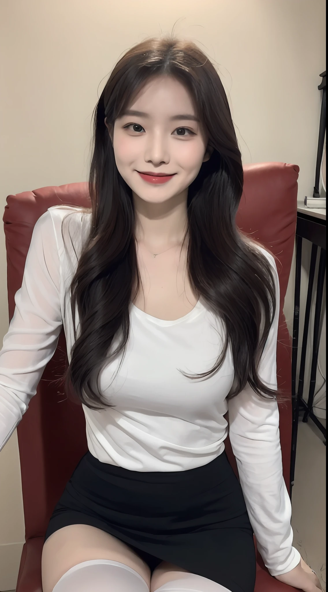 (1 Korean star with royal sister style), ((Best quality, 8K, 巨作: 1.3)), focal point: 1.2, Perfect body proportions: 1.4, (Make a smile), (Ray traching),Watery eyes, Highly Detailed Face and Skin Textur, Fine eyes, Double eyelids, Whitens the skin, (long whitr hair, Air bangs: 1.3), (face round: 1.5), (white shirt,Skirt that wraps hips: 1.4), (Sit on a high chair and show off your figure: 1.6),(black lence stockings: 1.4),(film grain style:1.3),a sense of atmosphere