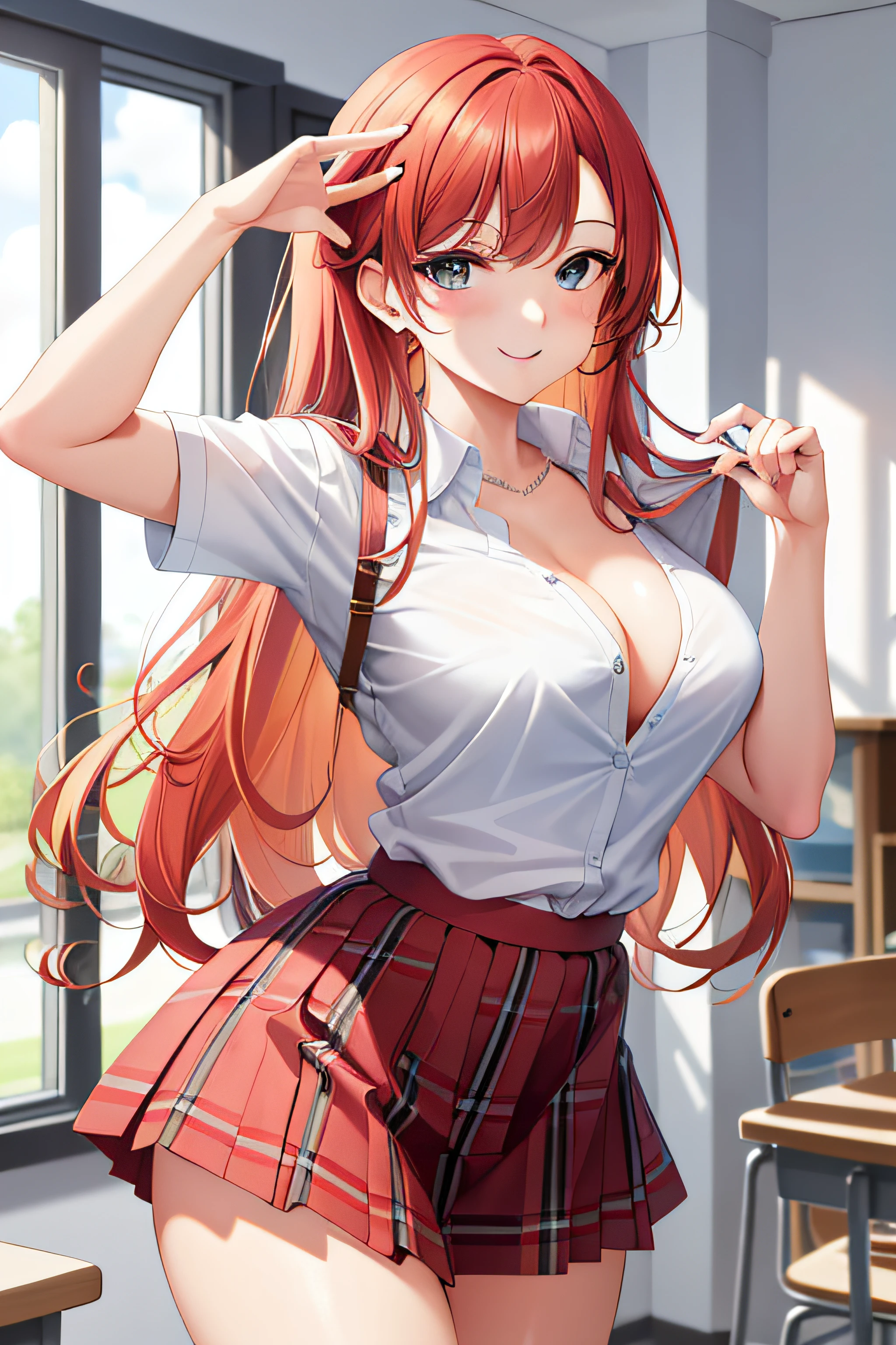 masterpiece, best quality, absurdres, perfect anatomy, 1girl, solo, Sena Kashiwazaki, st. chronica academy school uniform, dress shirt, plaid skirt, downblouse, cleavage, leaning forward, arms behind back, standing, smile, red hair, white eyes, long legs, plaid skirt, godess,