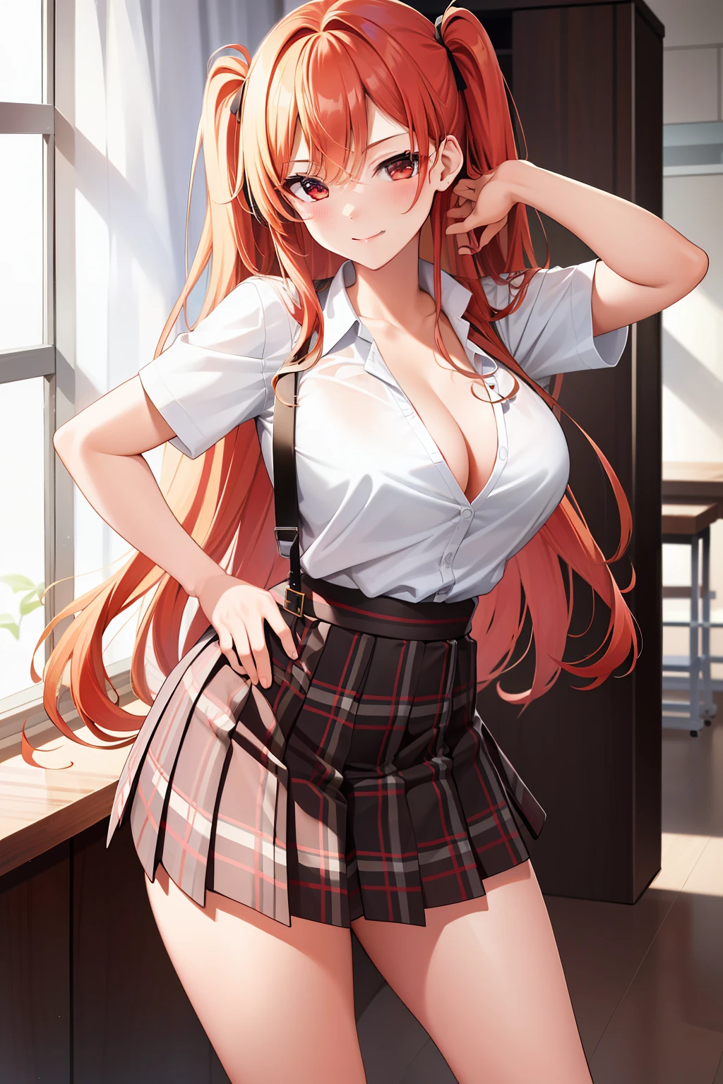 masterpiece, best quality, absurdres, perfect anatomy, 1girl, solo, Sena Kashiwazaki, st. chronica academy school uniform, dress shirt, plaid skirt, downblouse, cleavage, leaning forward, arms behind back, standing, smile, red hair, white eyes, long legs, plaid skirt, godess,