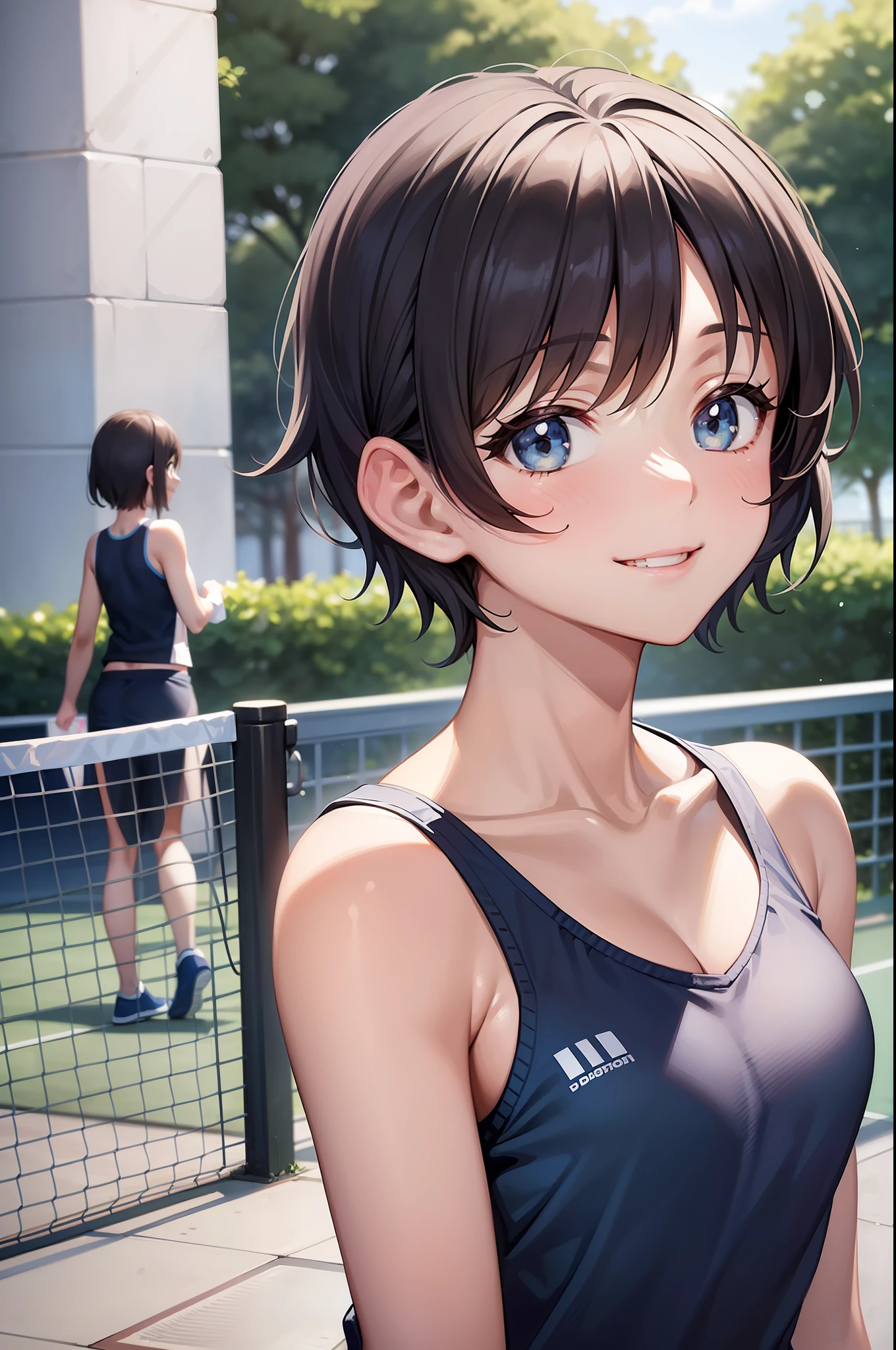 1girl in,Light Sky Blue Tennis Wear,tiny chest,Cute face,Smiling,Short hair,Black hair,public park,Illustration style,masutepiece, extremely fine and beautiful,13 years old