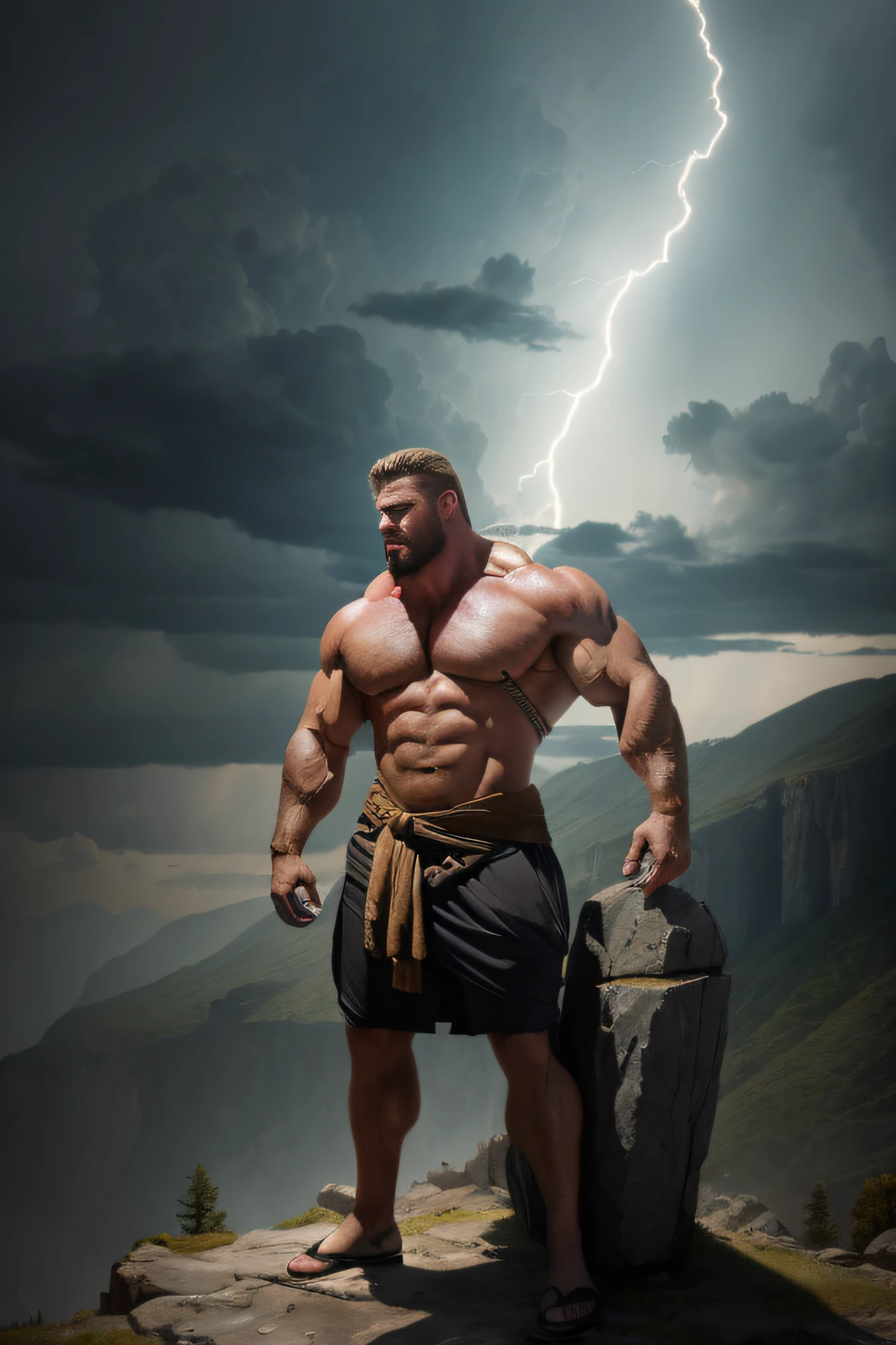 The Arafards stood on the rocks，The background is lightning, strong and imposing, muscular male hero, huge muscle, exaggerated muscle physique, Large muscles, powerful and huge, big wide wide strong physique |, muscular character, musculous，Frightening, very strong and muscular man, Huge muscles, portrait of rugged zeus, absurdly massive physique, extreme muscles