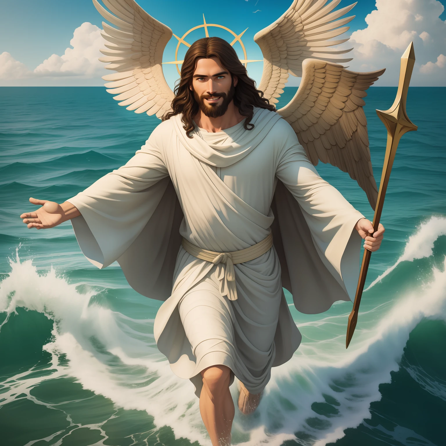 Real Jesus walking on water with a flying cloud in the background, Jesus walking on water, biblical illustration, epic biblical representation, forcing him to flee, coming out of the ocean, ! holding in hand!, disembarking, god of the ocean, beautiful representation, 8k 3D Model, realistic,
a 3D Realistic of jesus with a halo in the sky, jesus christ, smiling in heaven, portrait of jesus christ, jesus face, 35 young almighty god, portrait of a heavenly god, greg olsen, gigachad jesus, jesus of nazareth, jesus, the face of god, god looking at me, he is greeting you warmly, he is happy, avatar image